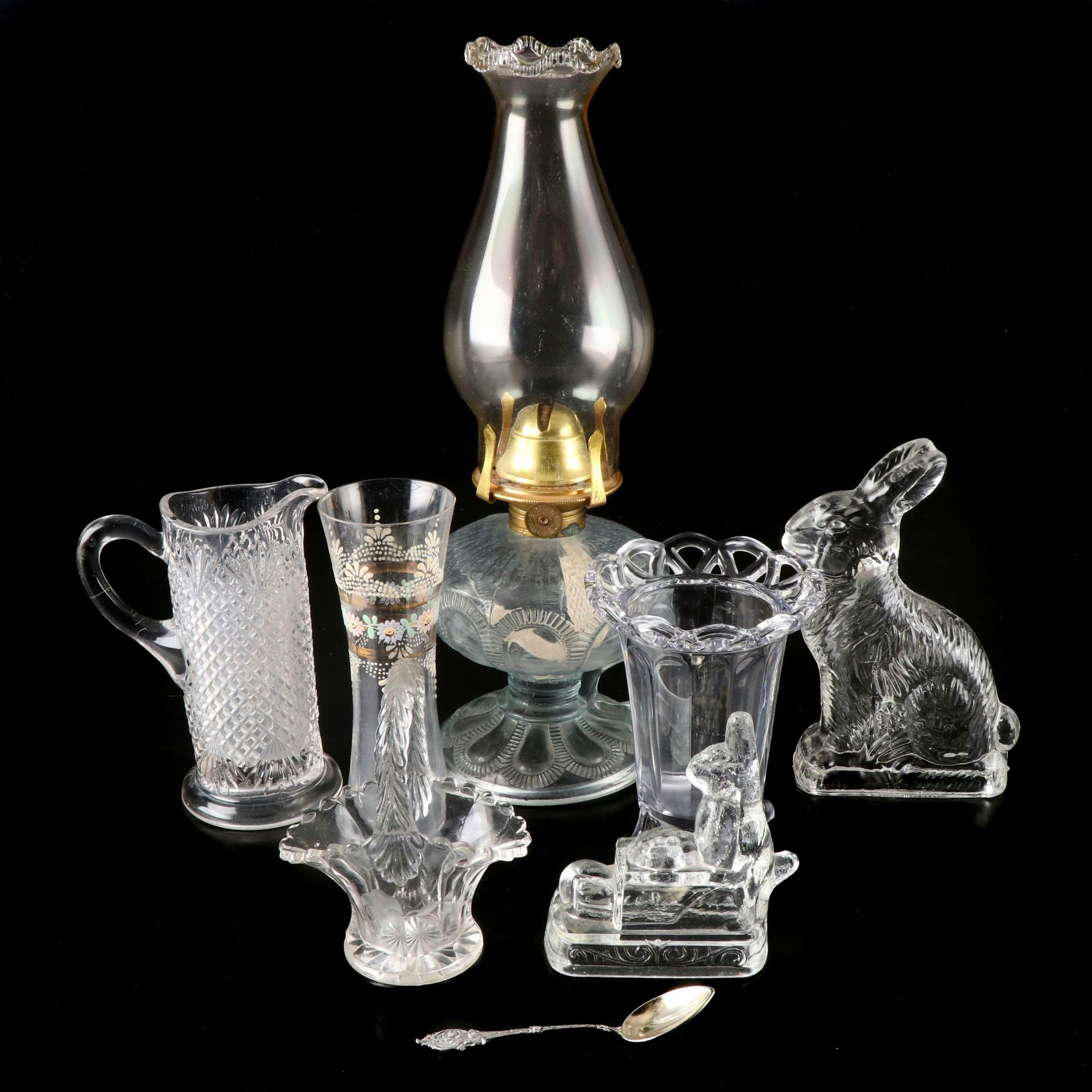 J. H. Millstein Co. Glass Rabbit with Oil Lantern, Vases and More Glassware