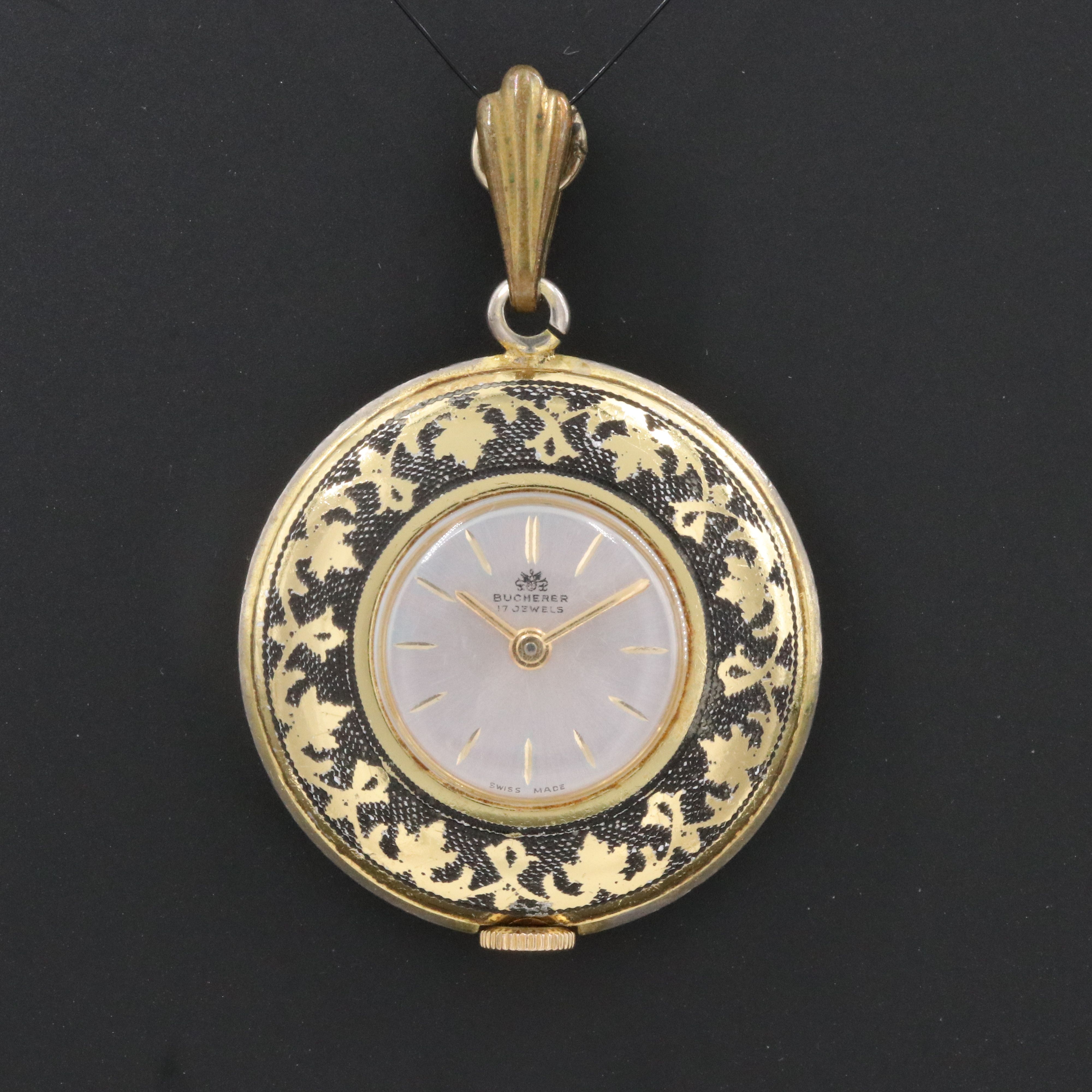 Bucherer Swiss Enameled Gold-Tone Floral Pendant Watch