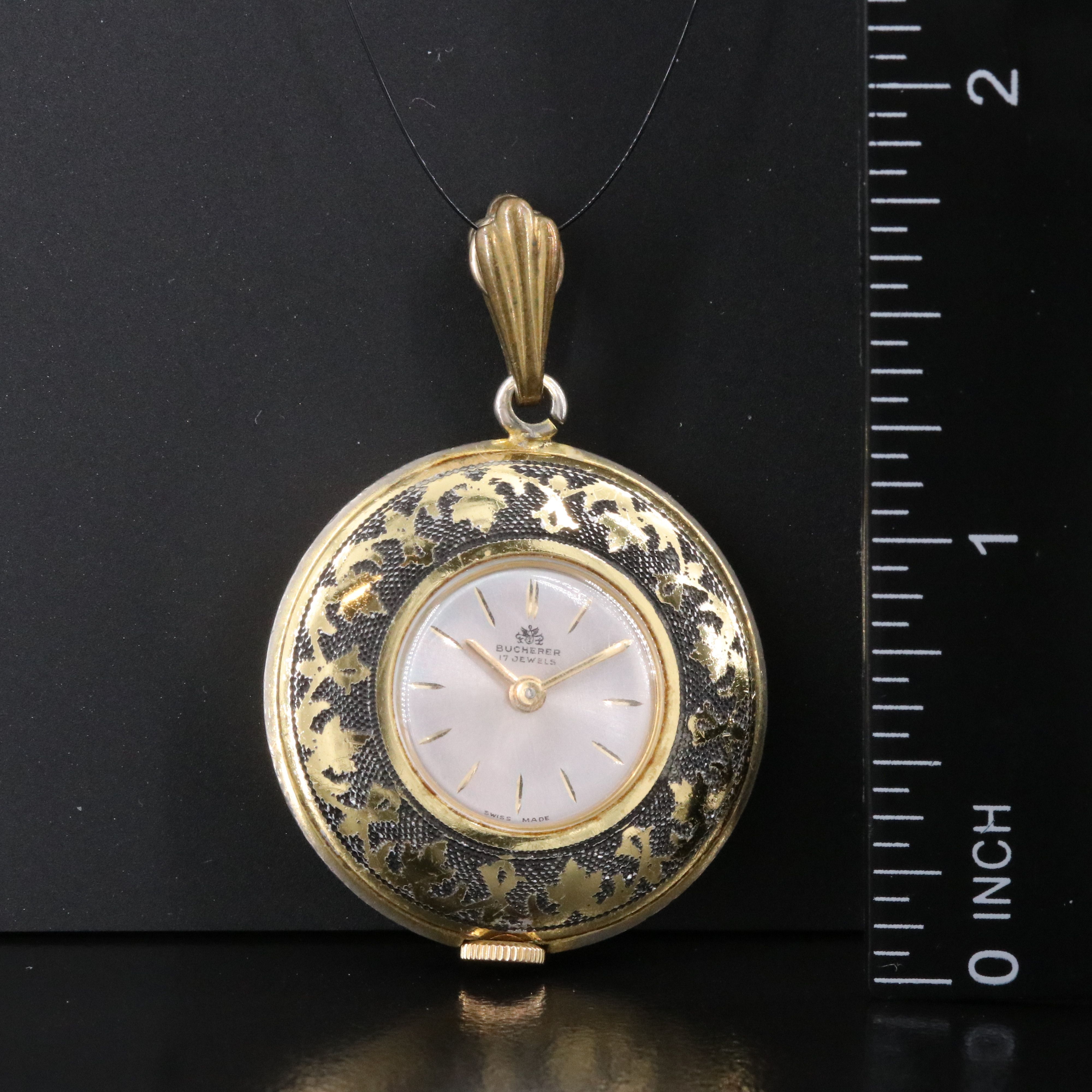Bucherer Swiss Enameled Gold-Tone Floral Pendant Watch