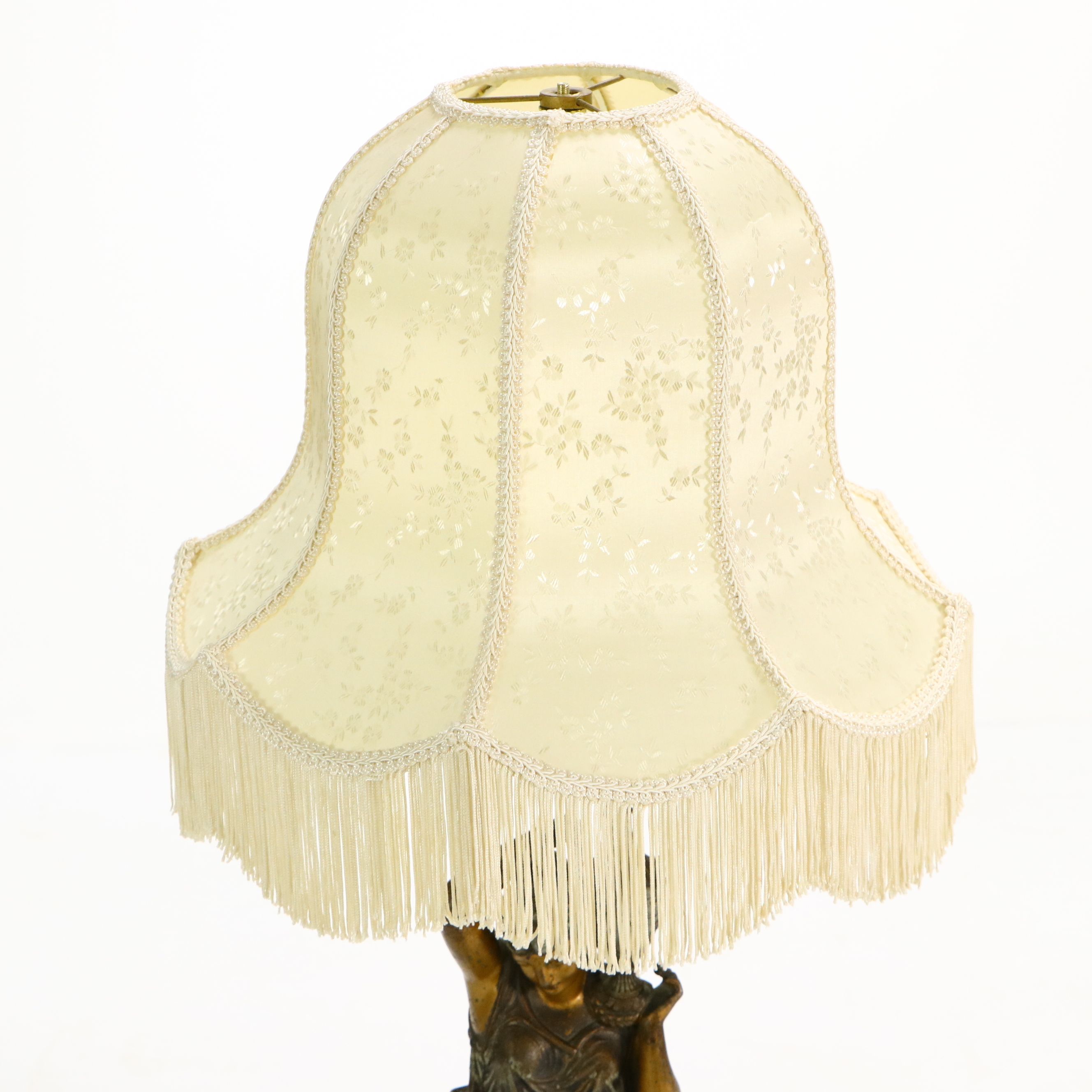 Art Nouveau Style Cast Spelter Figure Table Lamp with Victorian Satin Shade