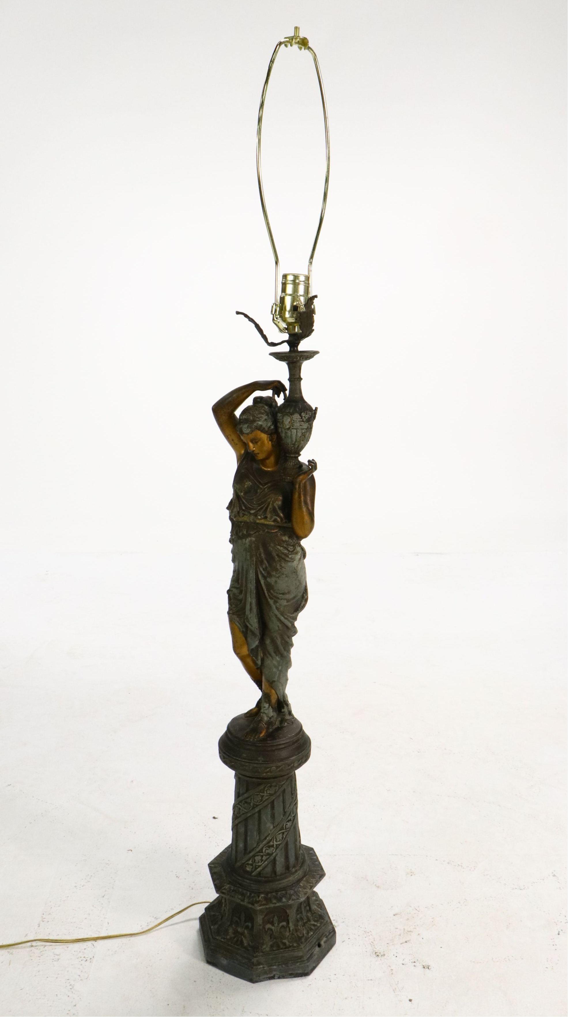 Art Nouveau Style Cast Spelter Figure Table Lamp with Victorian Satin Shade