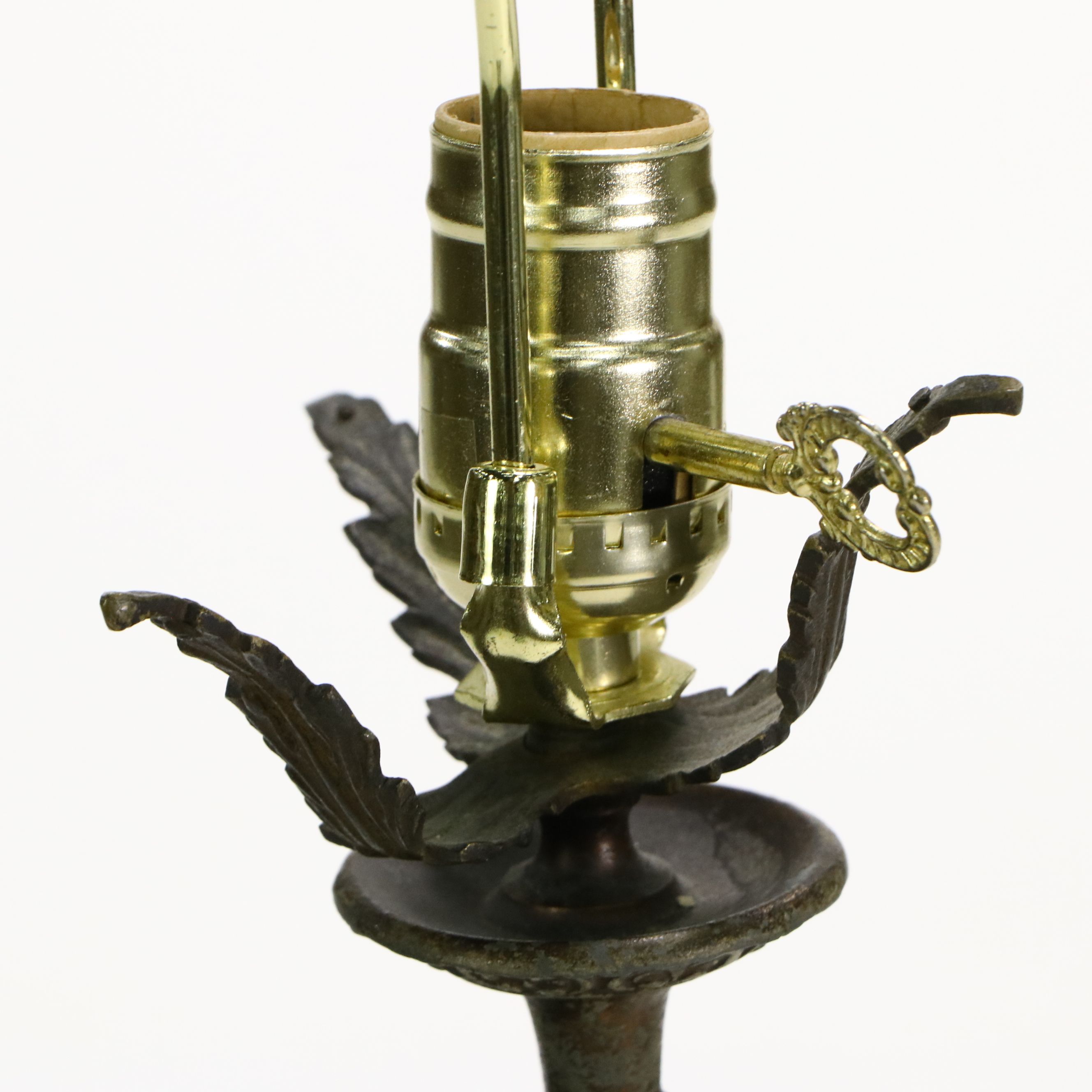 Art Nouveau Style Cast Spelter Figure Table Lamp with Victorian Satin Shade