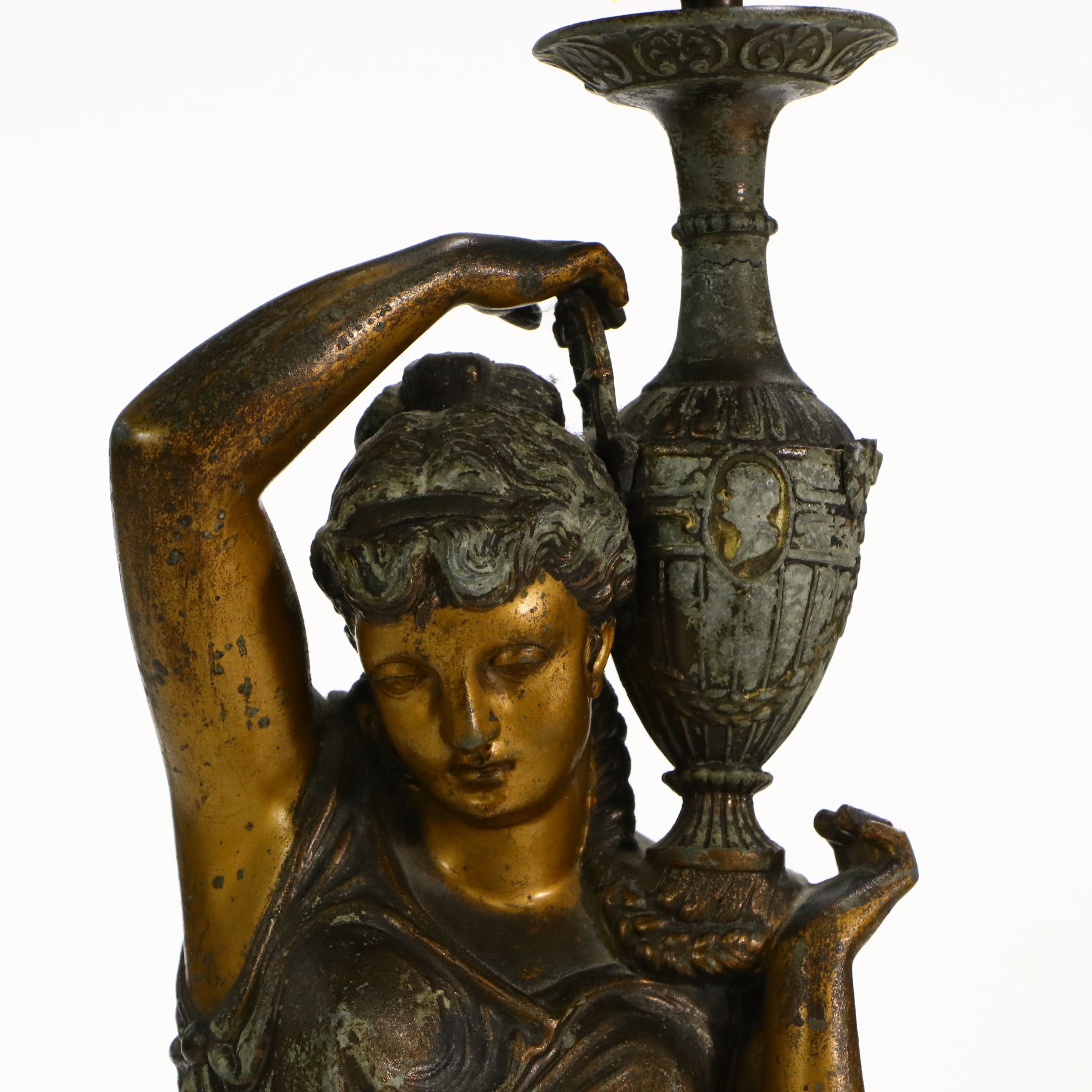 Art Nouveau Style Cast Spelter Figure Table Lamp with Victorian Satin Shade