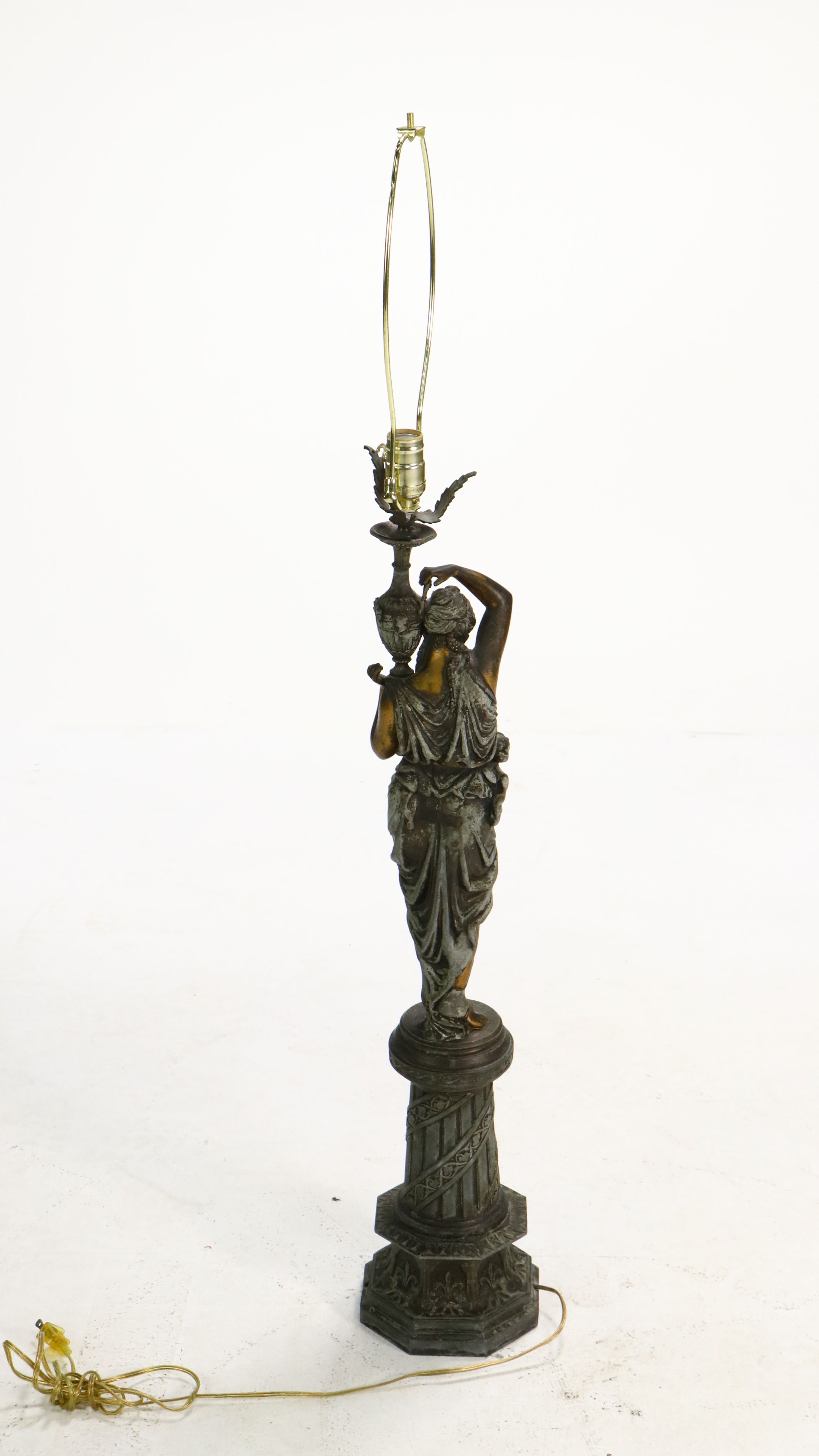 Art Nouveau Style Cast Spelter Figure Table Lamp with Victorian Satin Shade