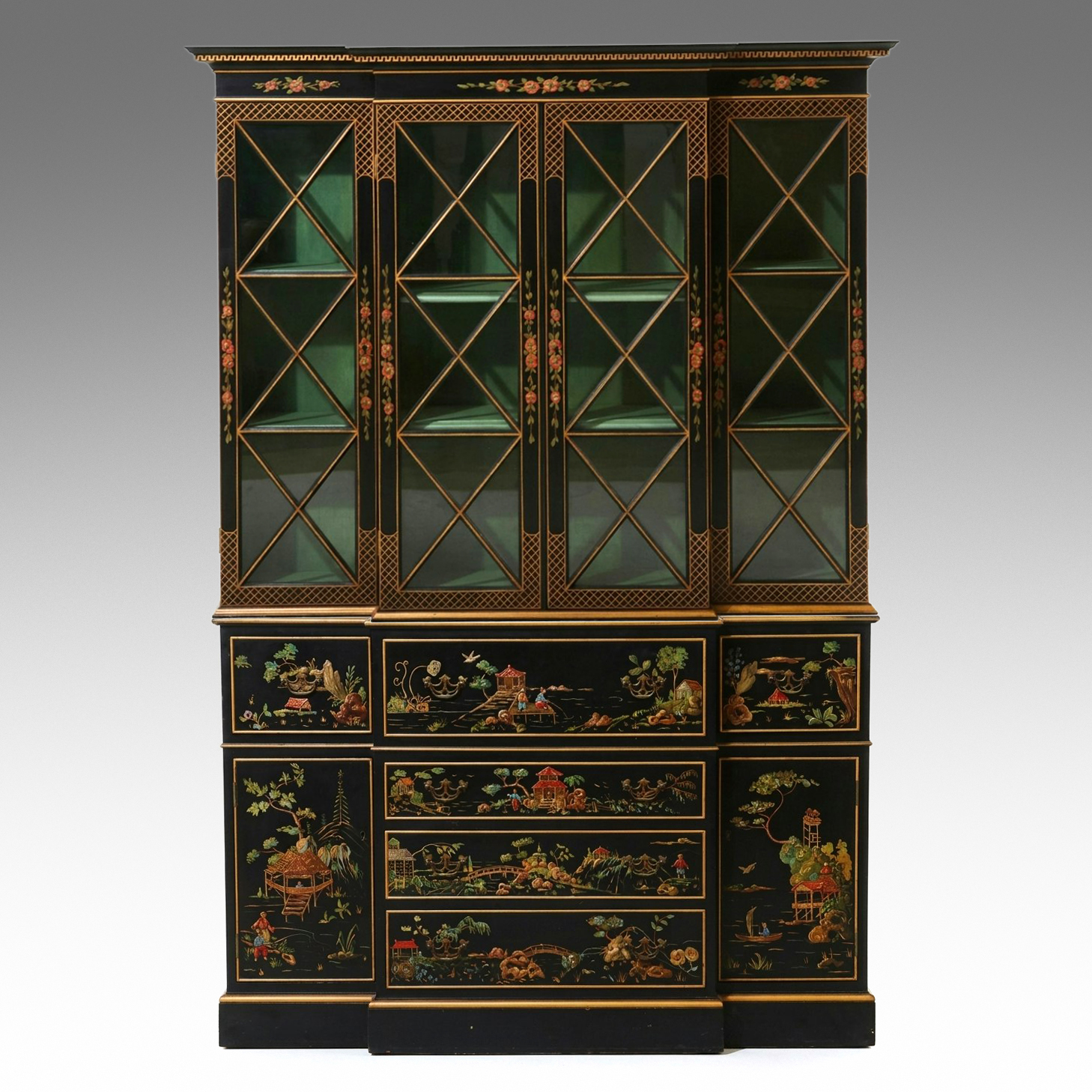 Chinese Style Lacquered Breakfront China Cabinet