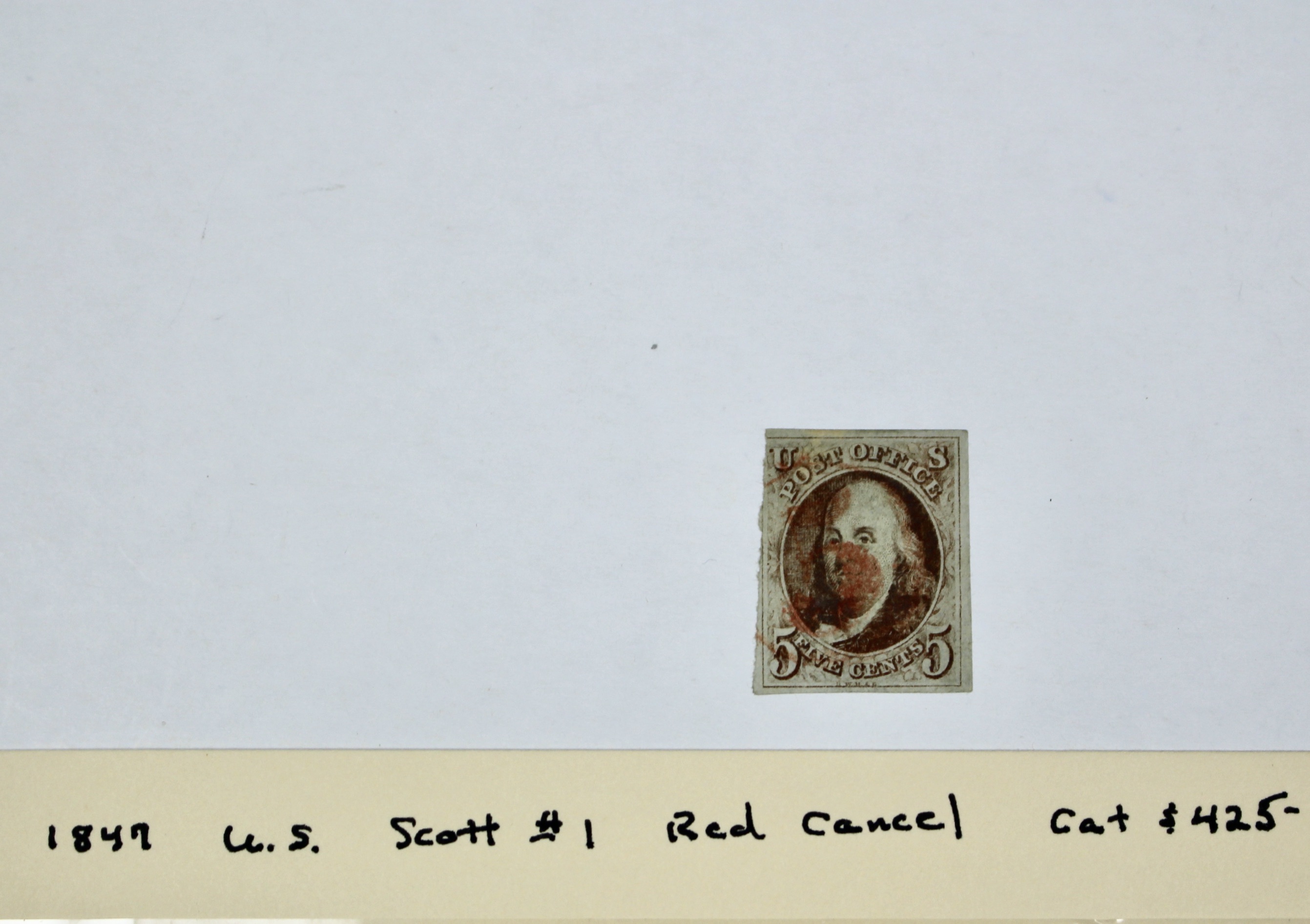 1847 U.S. Franklin 5-Cent Postage Stamp, Scott #1, First U.S. Stamp