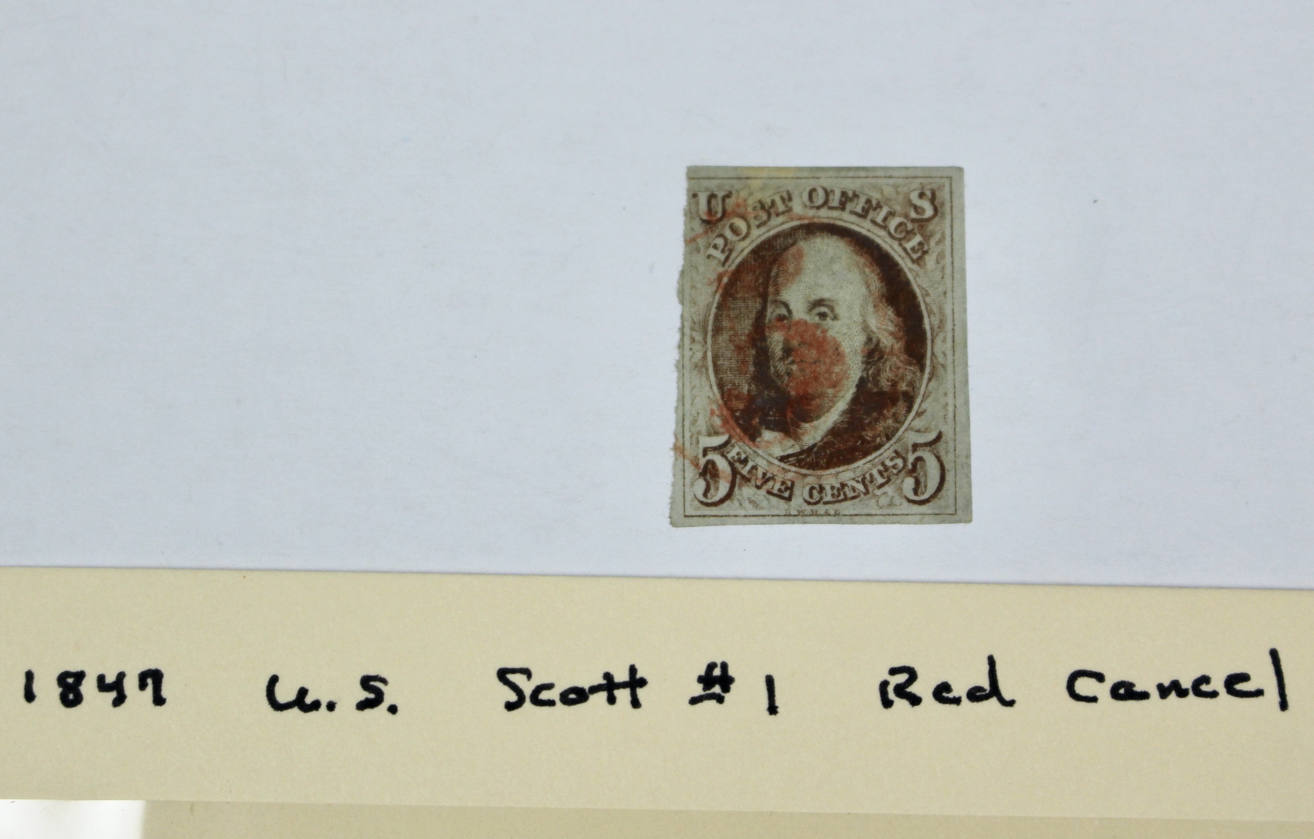 1847 U.S. Franklin 5-Cent Postage Stamp, Scott #1, First U.S. Stamp