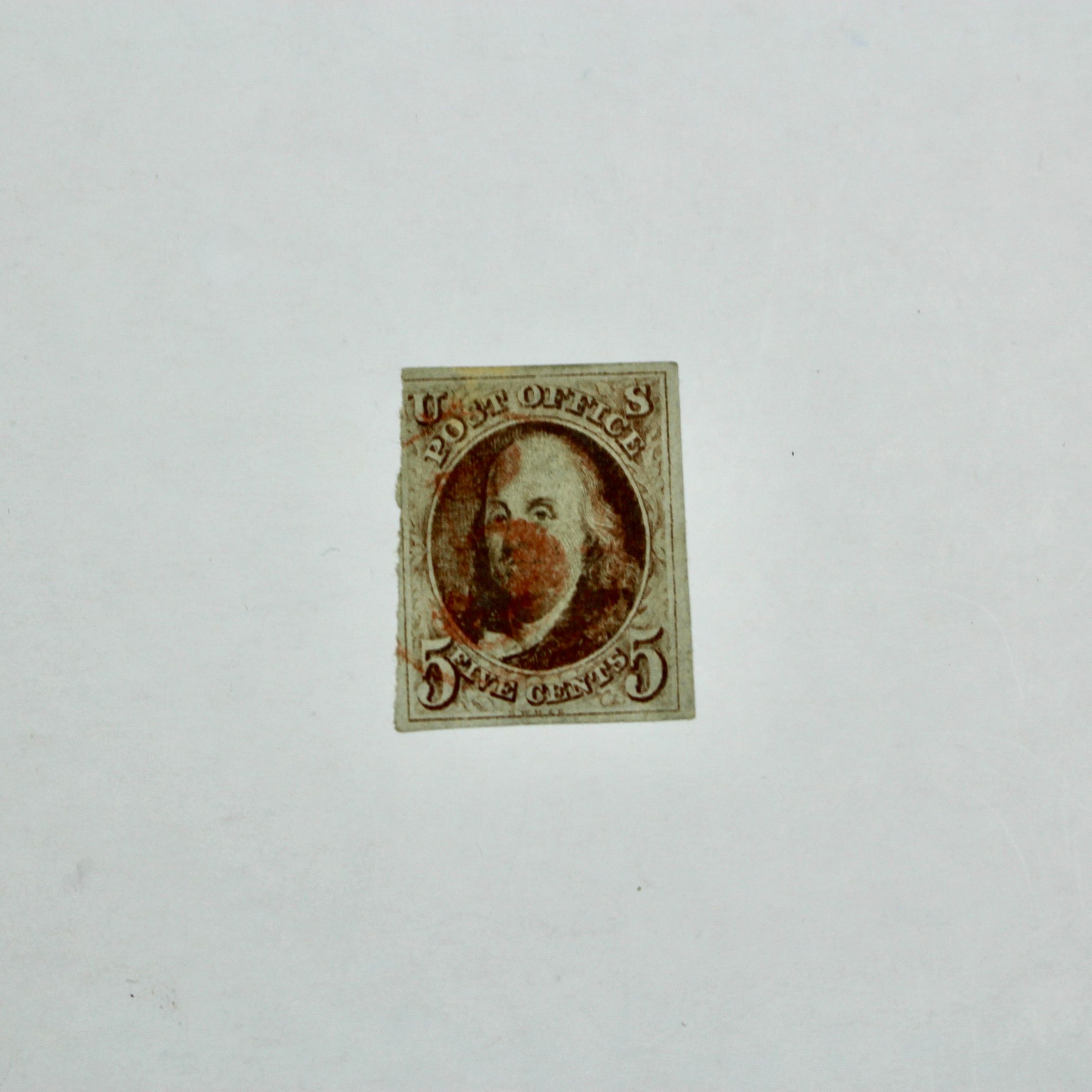1847 U.S. Franklin 5-Cent Postage Stamp, Scott #1, First U.S. Stamp