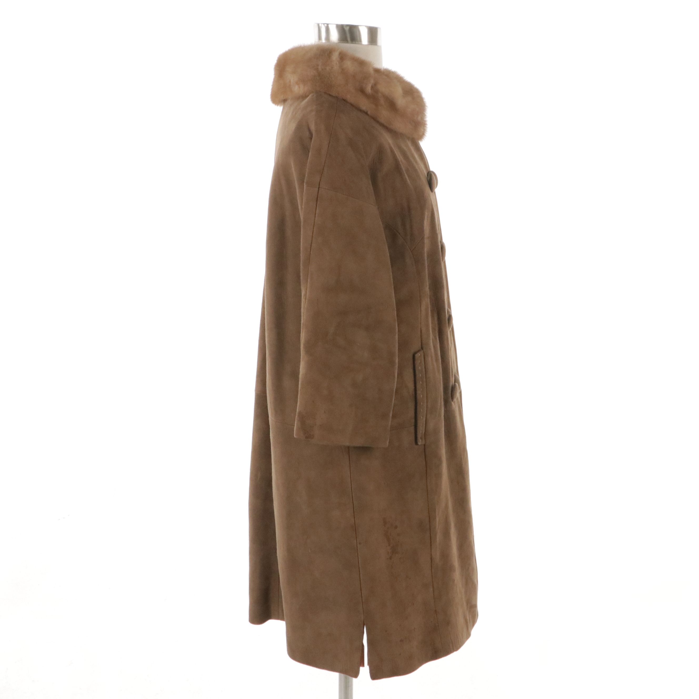 Double-Breasted Suede Coat with Mink Fur Collar, Vintage