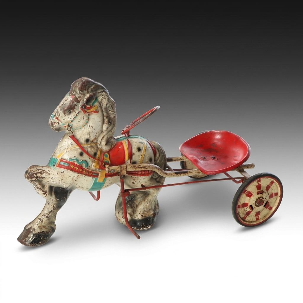 Mobo England Multicolor Pressed Steel Horse Pedal Toy, Mid-20th Century