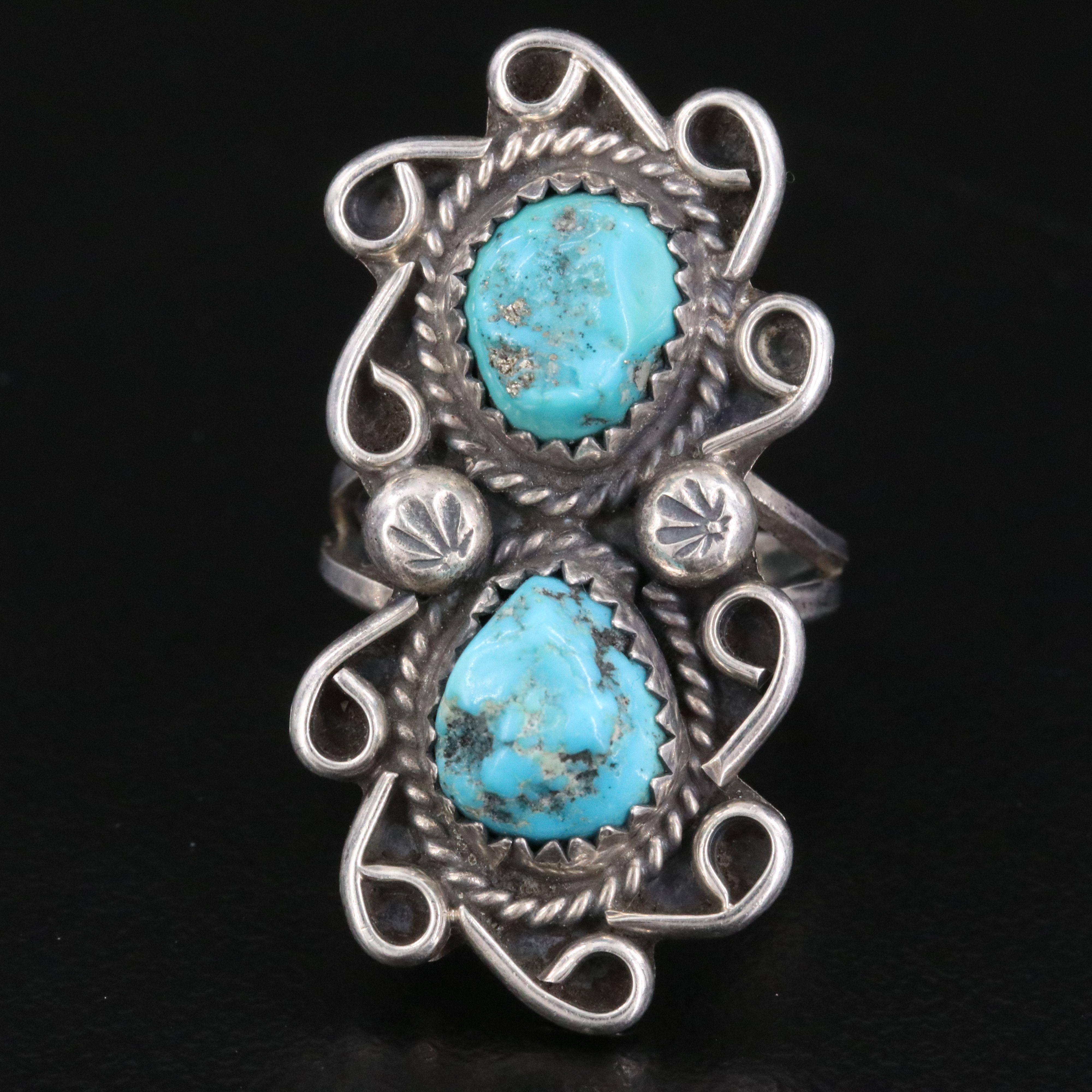 Southwestern Sterling and Turquoise Ring with Swirling Wind
