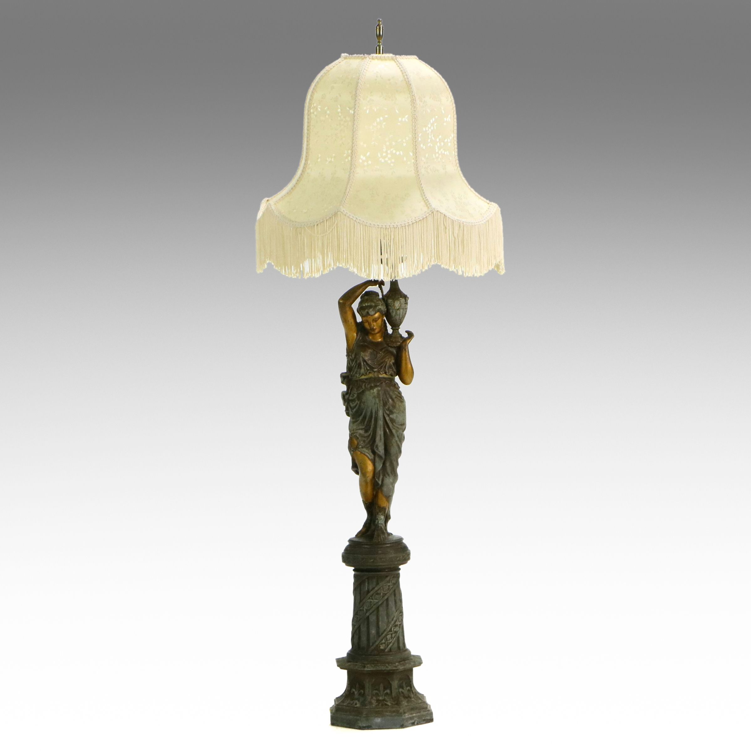 Art Nouveau Style Cast Spelter Figure Table Lamp with Victorian Satin Shade