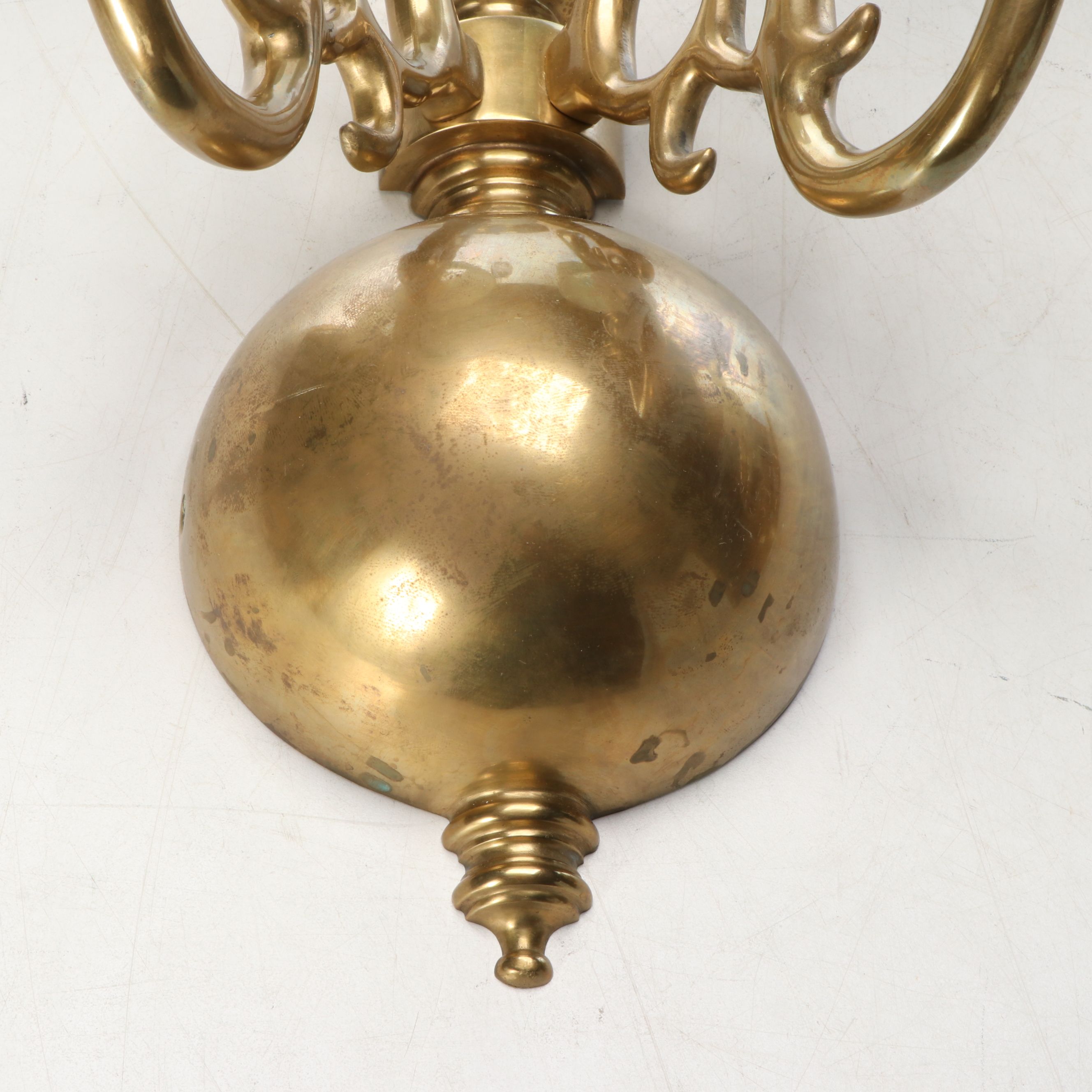 Pair of Dutch Baroque Brass Two Arm Wall Sconces with Ruffled Ikat Shades