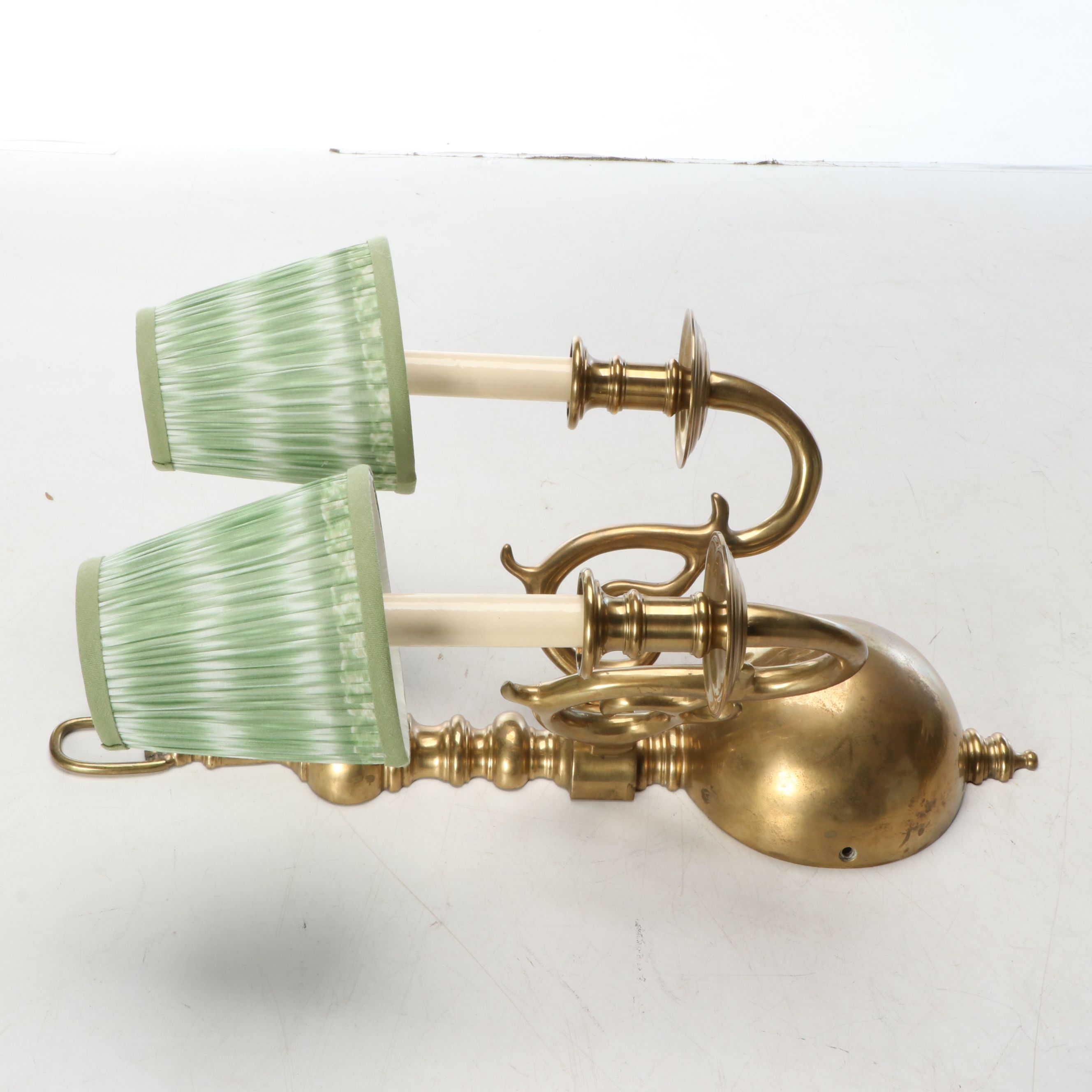 Pair of Dutch Baroque Brass Two Arm Wall Sconces with Ruffled Ikat Shades