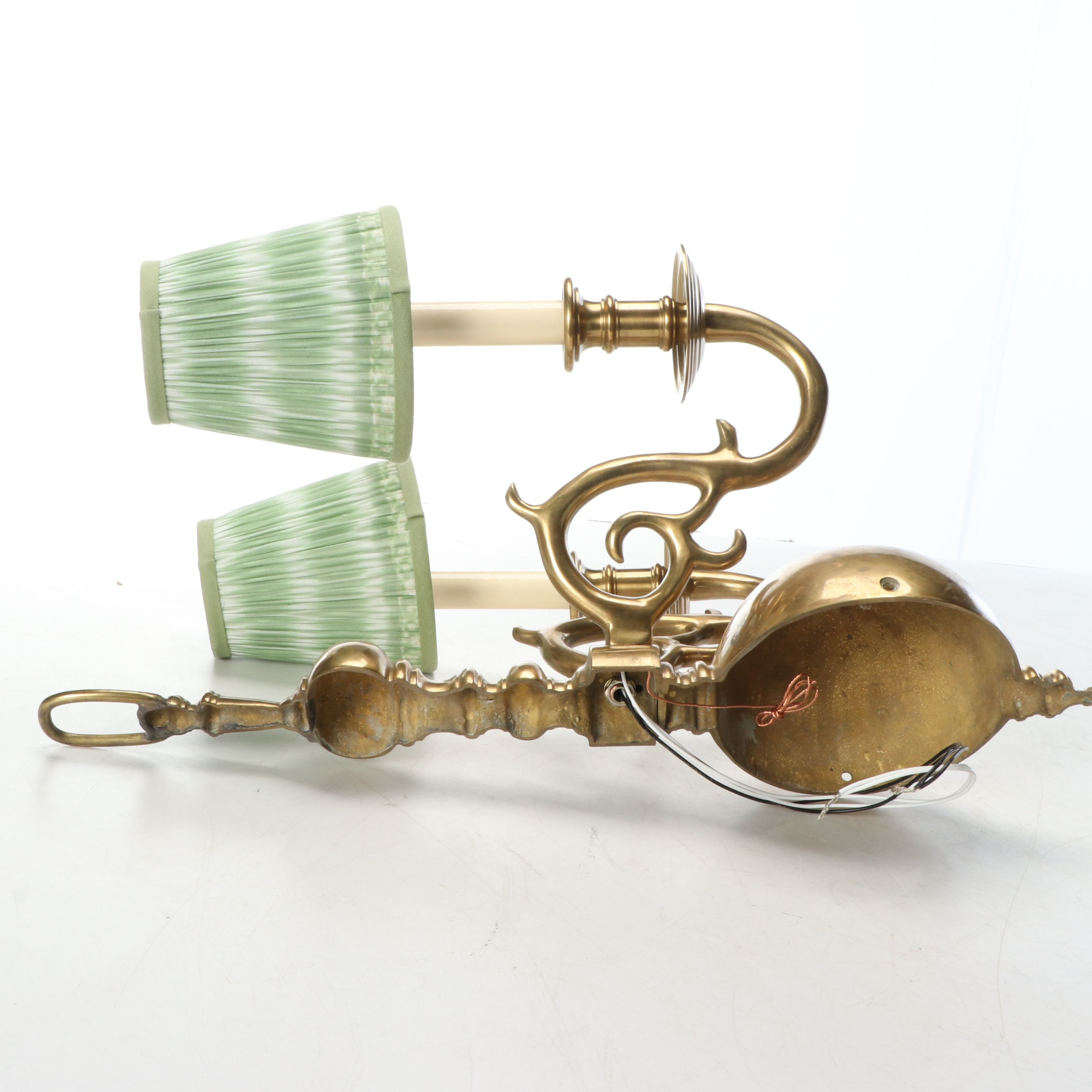 Pair of Dutch Baroque Brass Two Arm Wall Sconces with Ruffled Ikat Shades