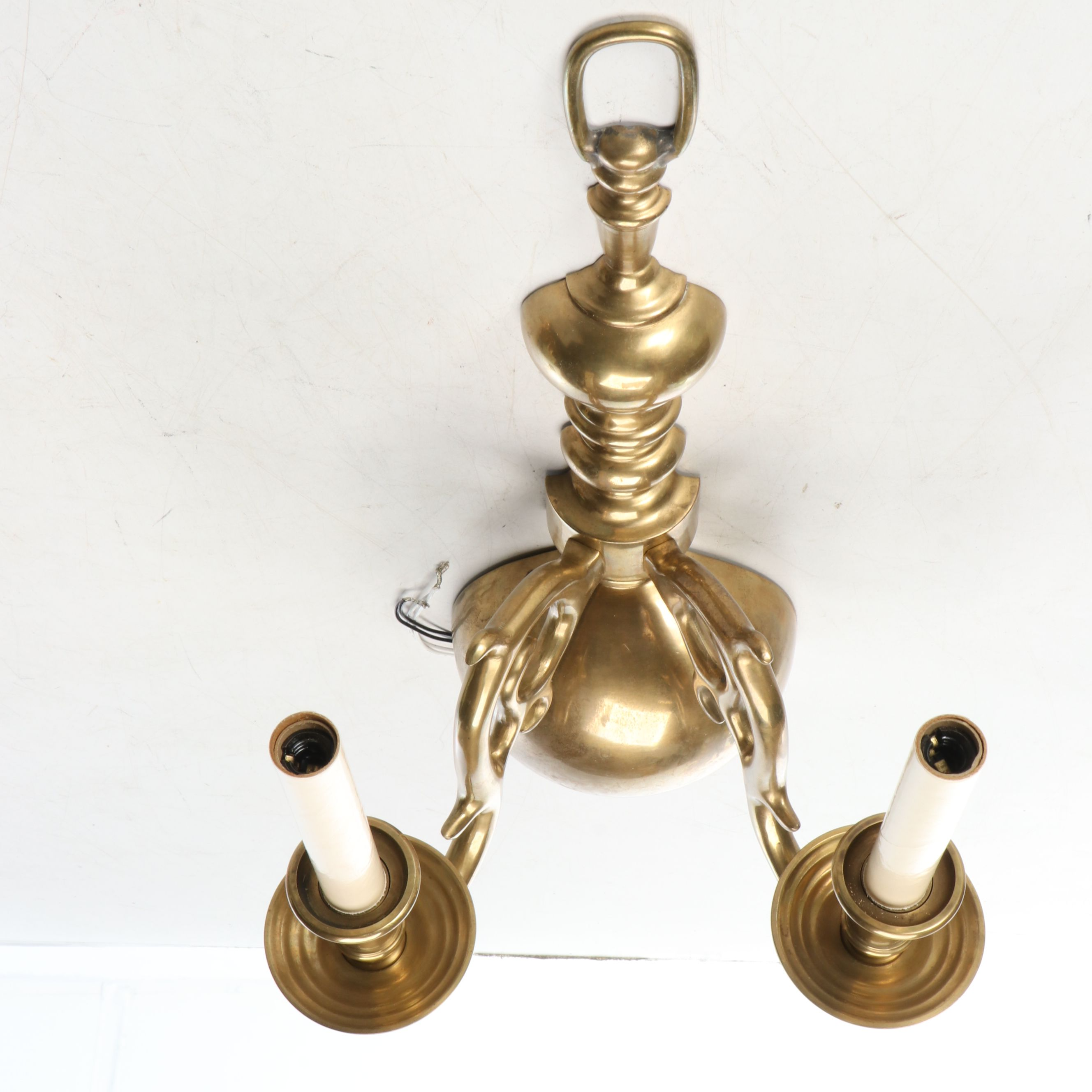 Pair of Dutch Baroque Brass Two Arm Wall Sconces with Ruffled Ikat Shades
