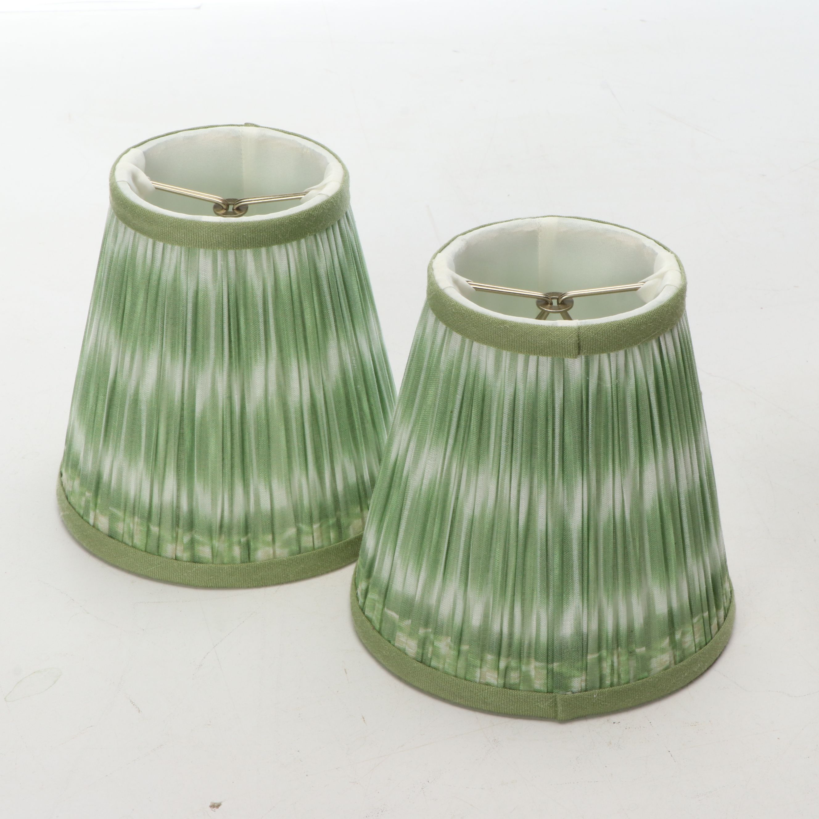 Pair of Dutch Baroque Brass Two Arm Wall Sconces with Ruffled Ikat Shades