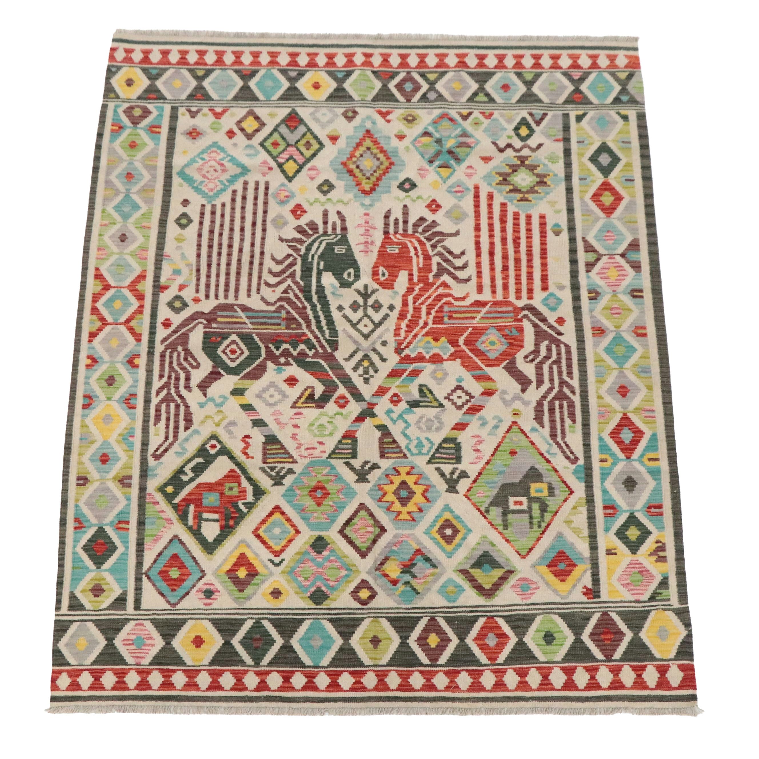 6'1 x 7'7 Handwoven Pakistani Pictorial Kilim Area Rug