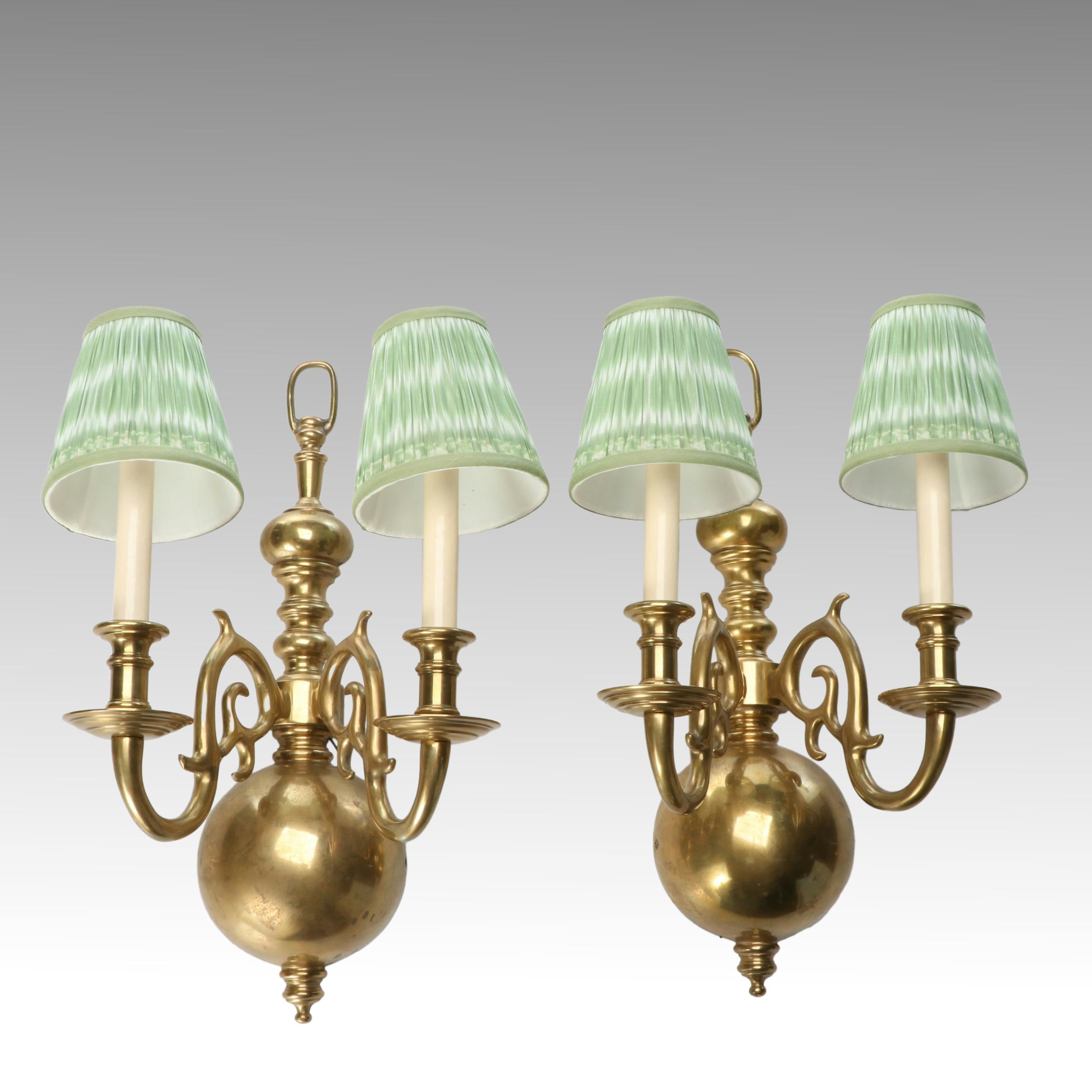 Pair of Dutch Baroque Brass Two Arm Wall Sconces with Ruffled Ikat Shades