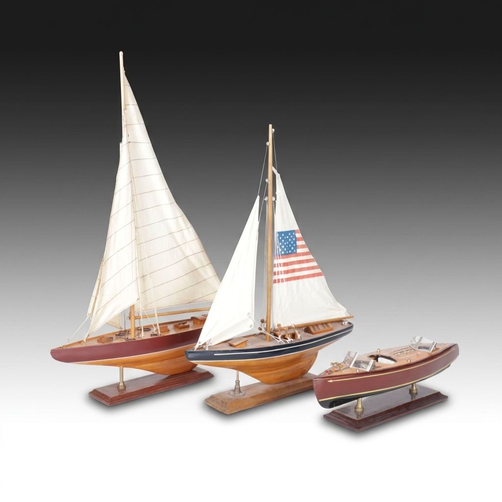 Wooden Model Figure Sail Boats and Speed Boat
