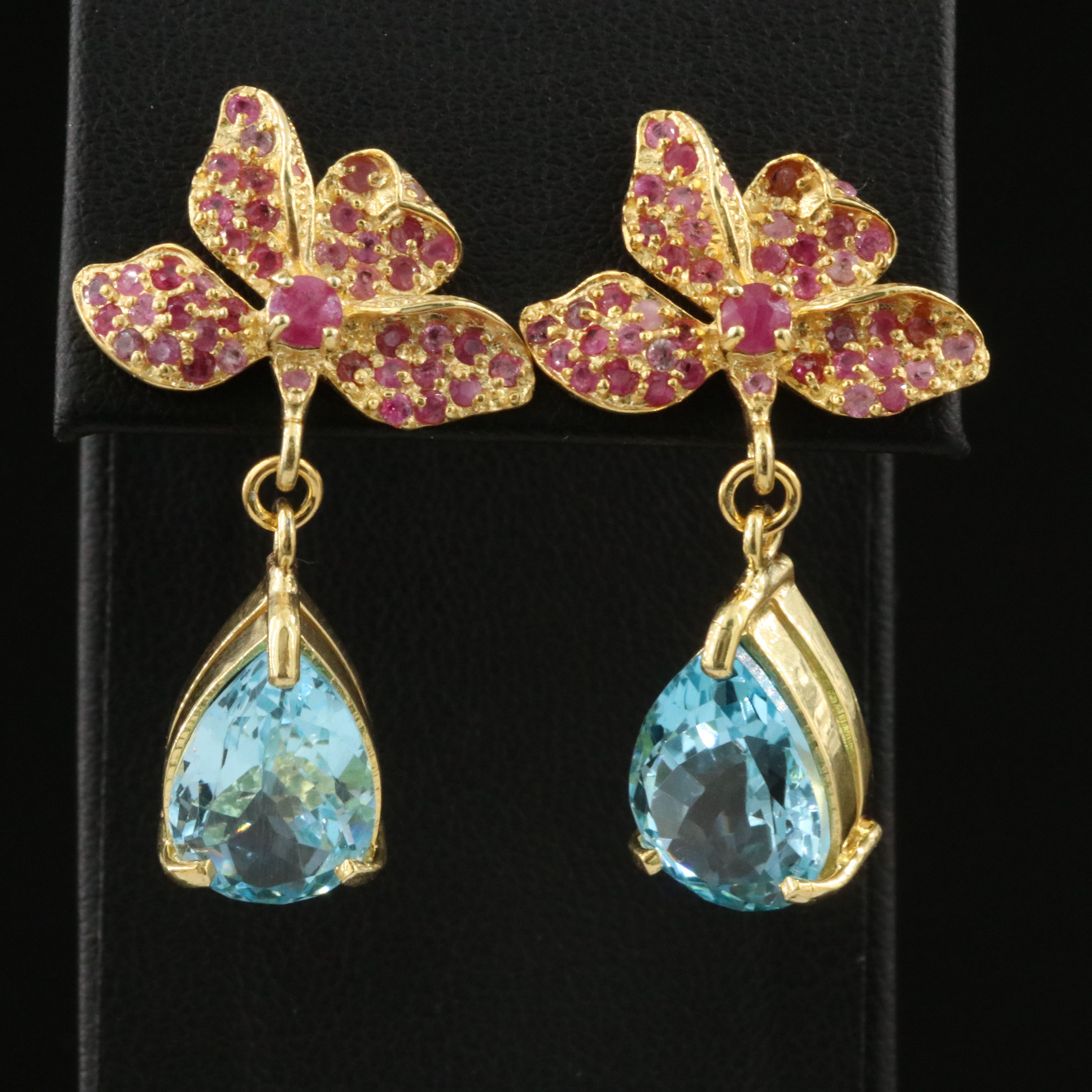 Sterling Blue Topaz and Ruby Orchid Earrings
