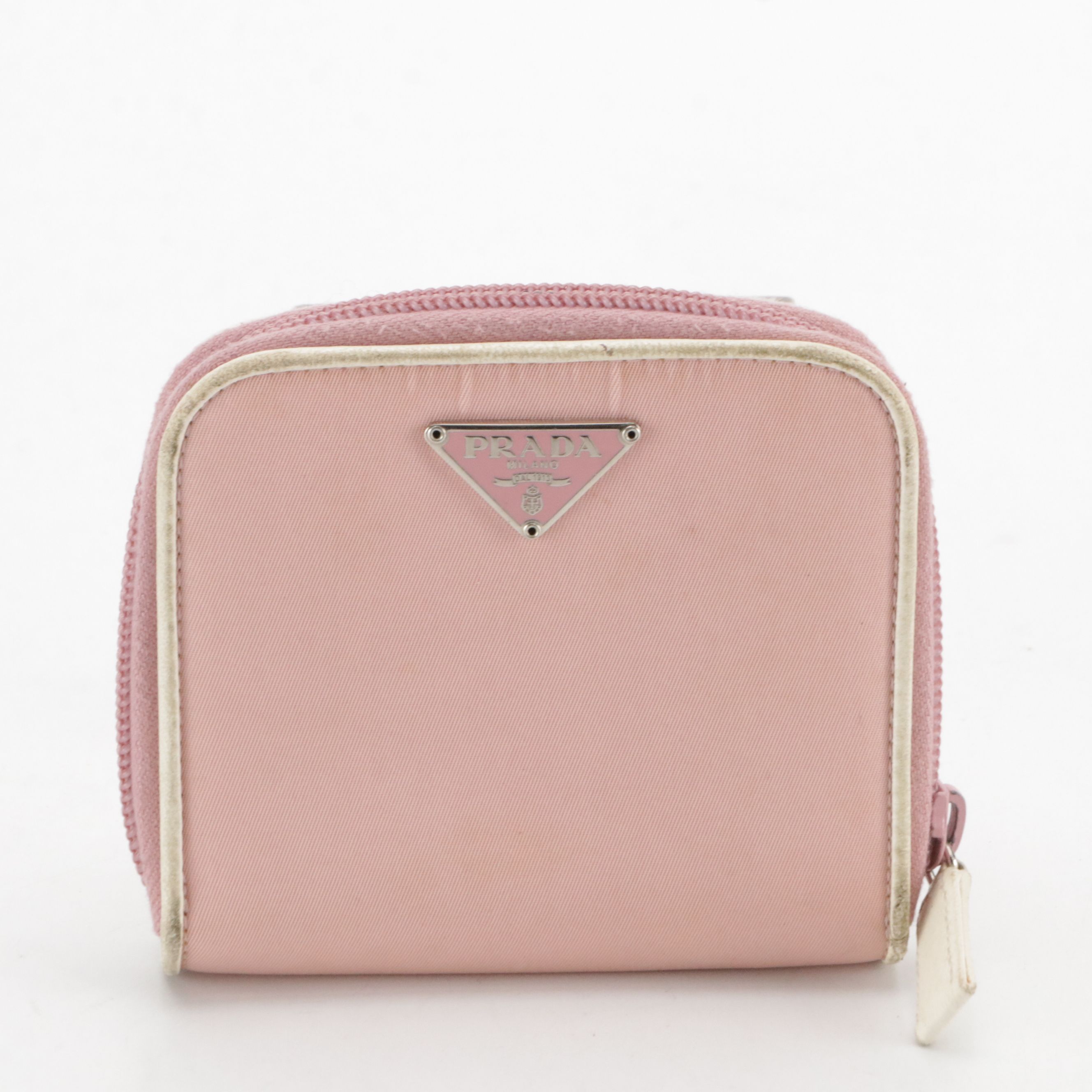 Prada Bifold Compact Wallet in Light Pink Tessuto Nylon and White Leather
