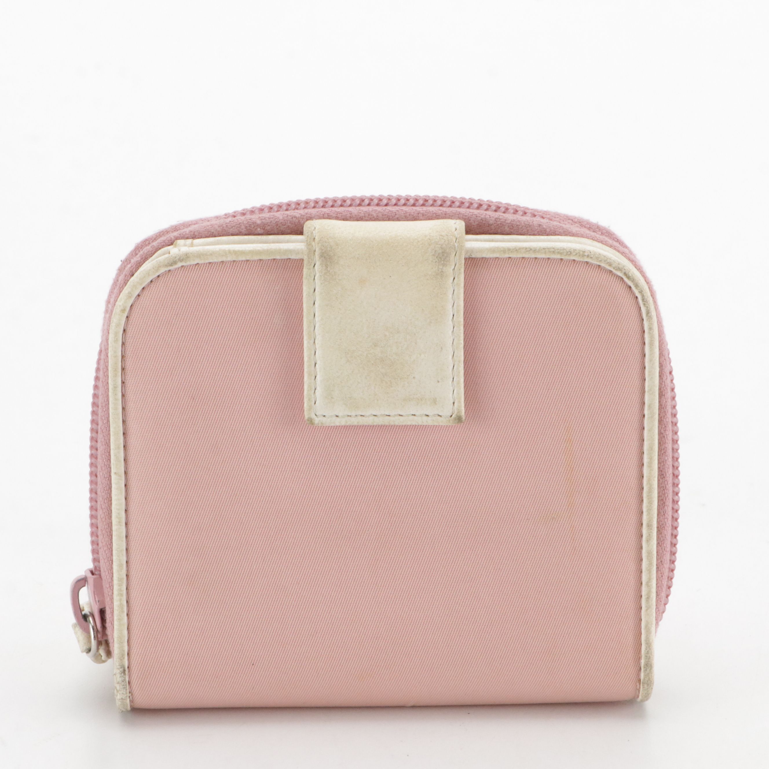 Prada Bifold Compact Wallet in Light Pink Tessuto Nylon and White Leather