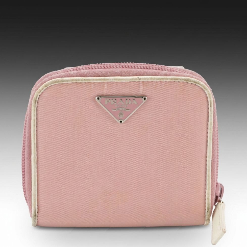 Prada Bifold Compact Wallet in Light Pink Tessuto Nylon and White Leather