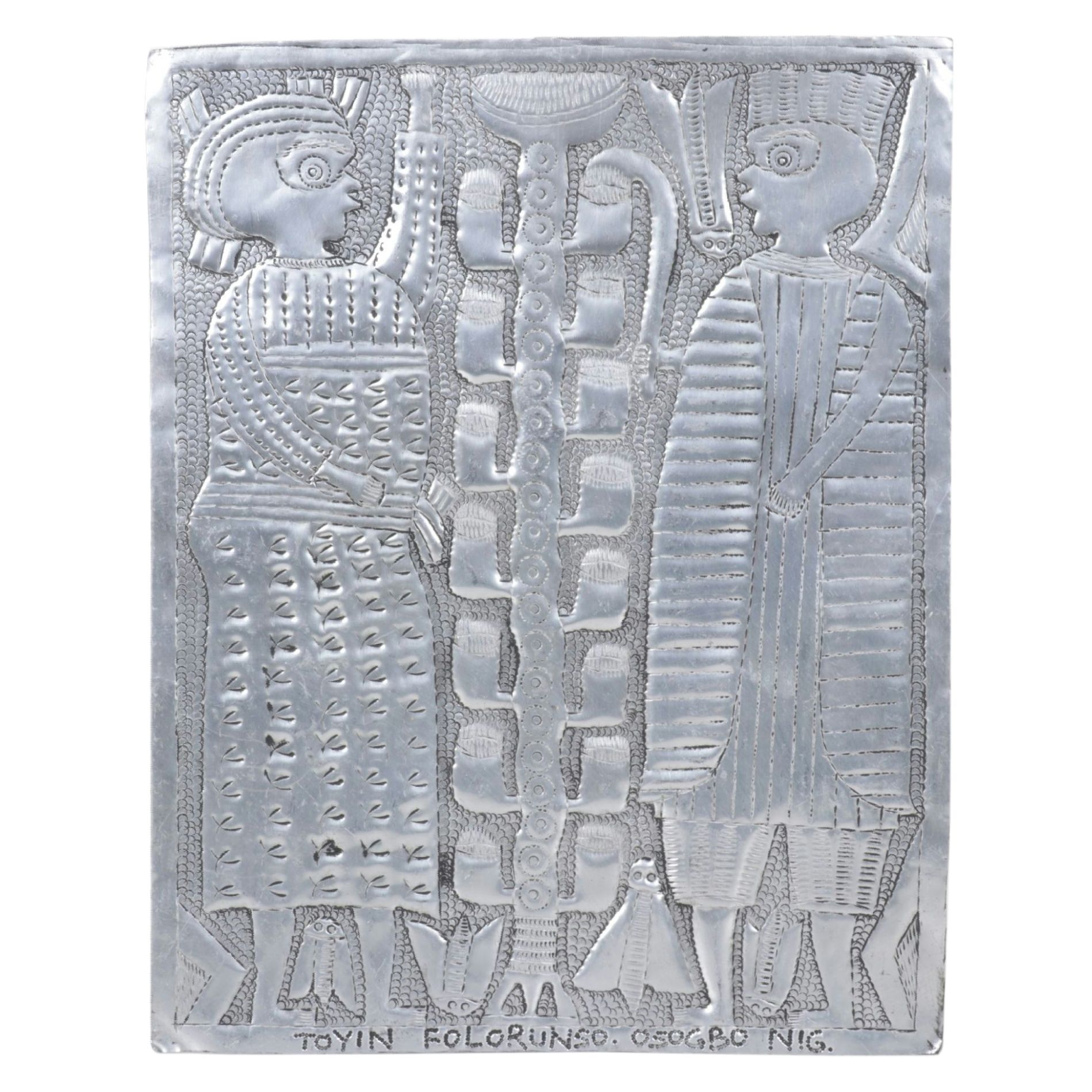 Toyin Folorunso Stylized Figural Chased Aluminum Relief, 21st Century