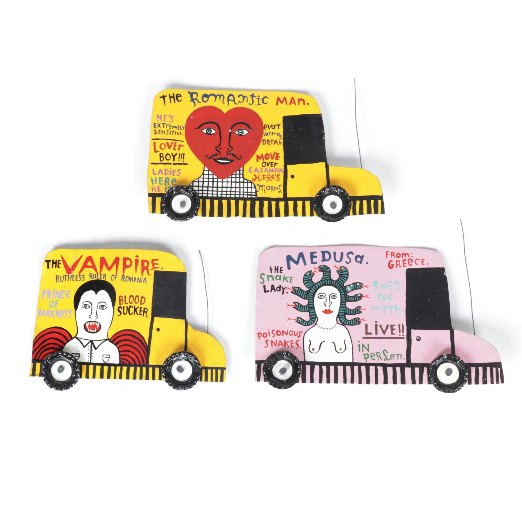 Levent Isik Acrylic Paintings of Circus Performer Portraits on Cars, circa 1993