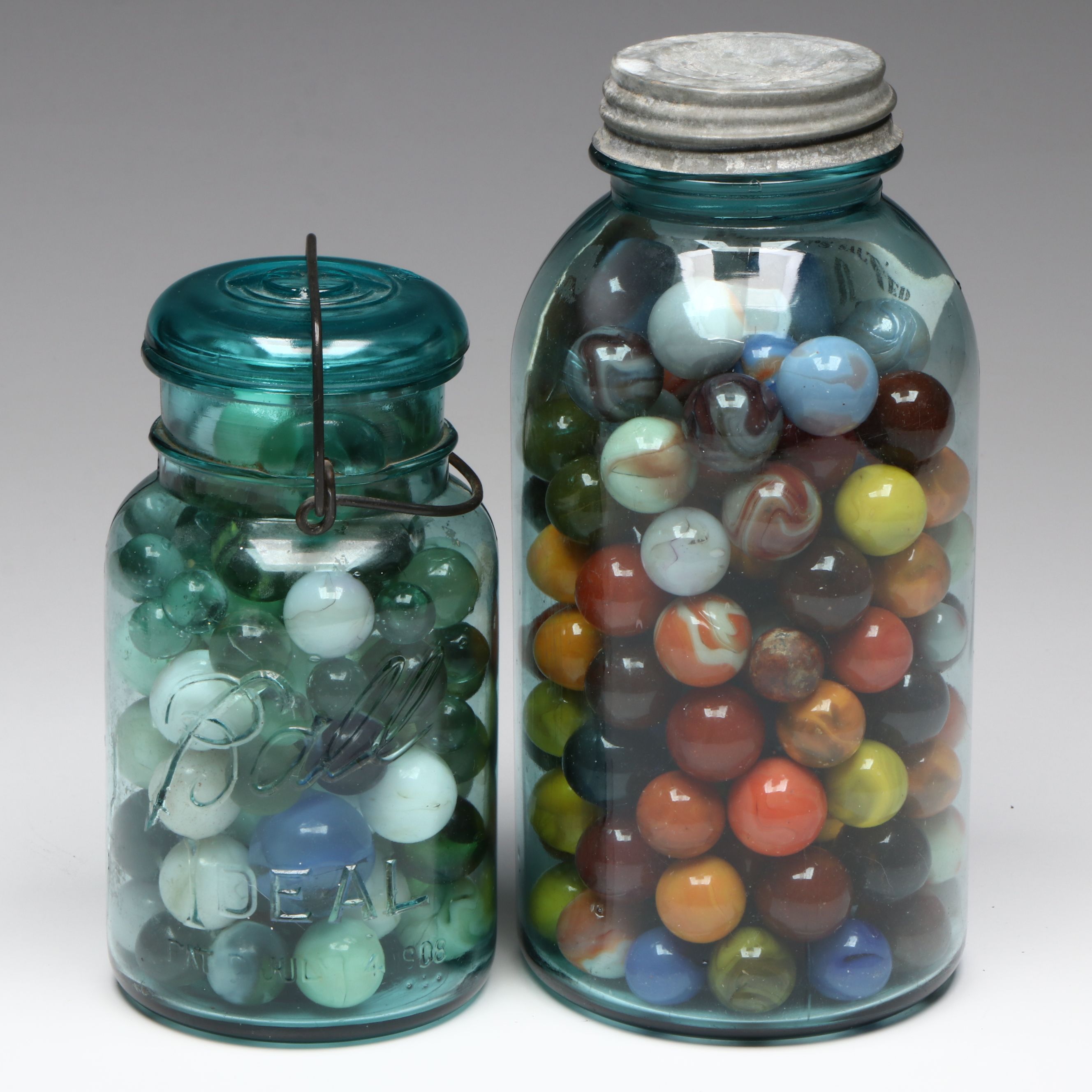 Uranium Glass, Clearies, Swirlies, Agate and More Glass Marbles in Canning Jars