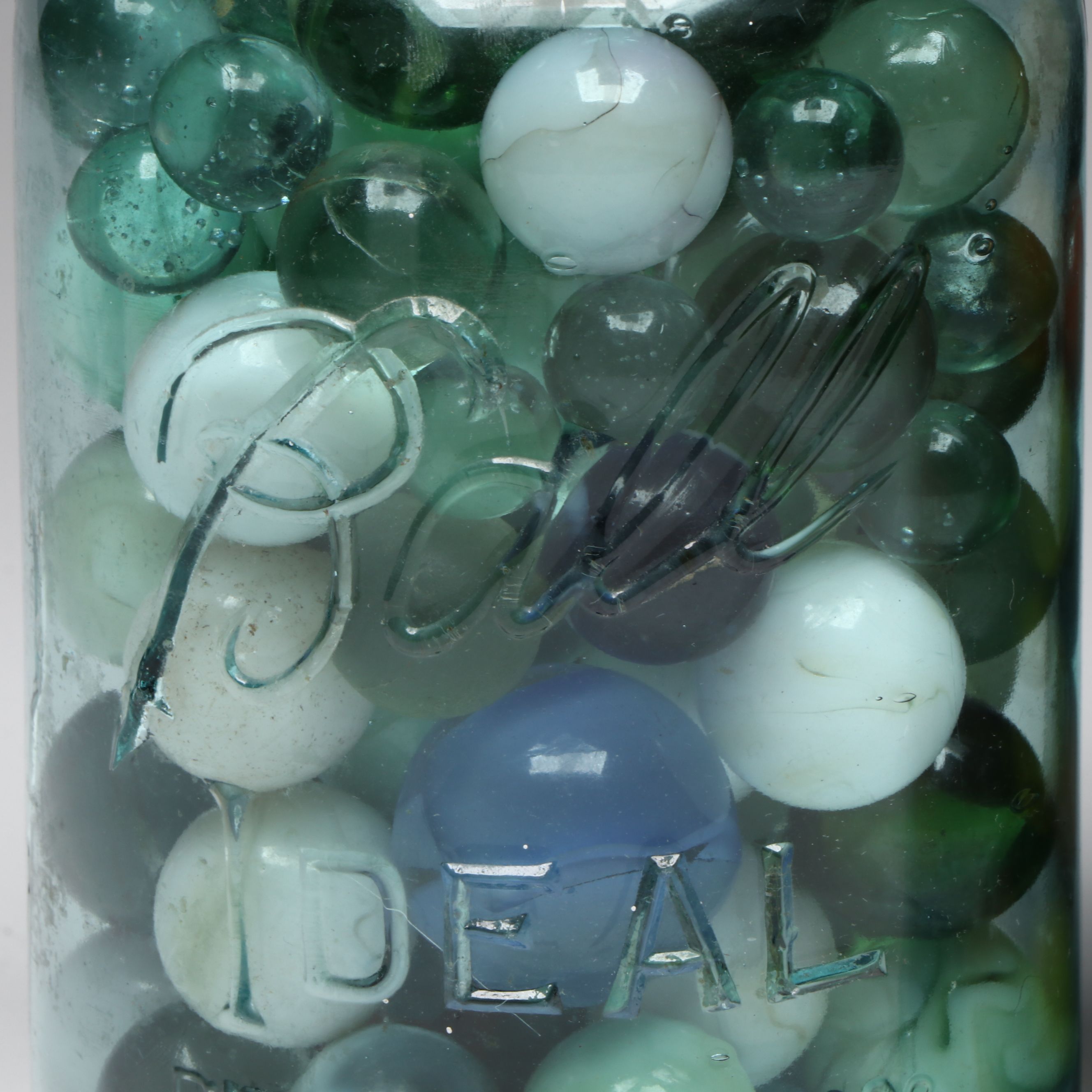 Uranium Glass, Clearies, Swirlies, Agate and More Glass Marbles in Canning Jars