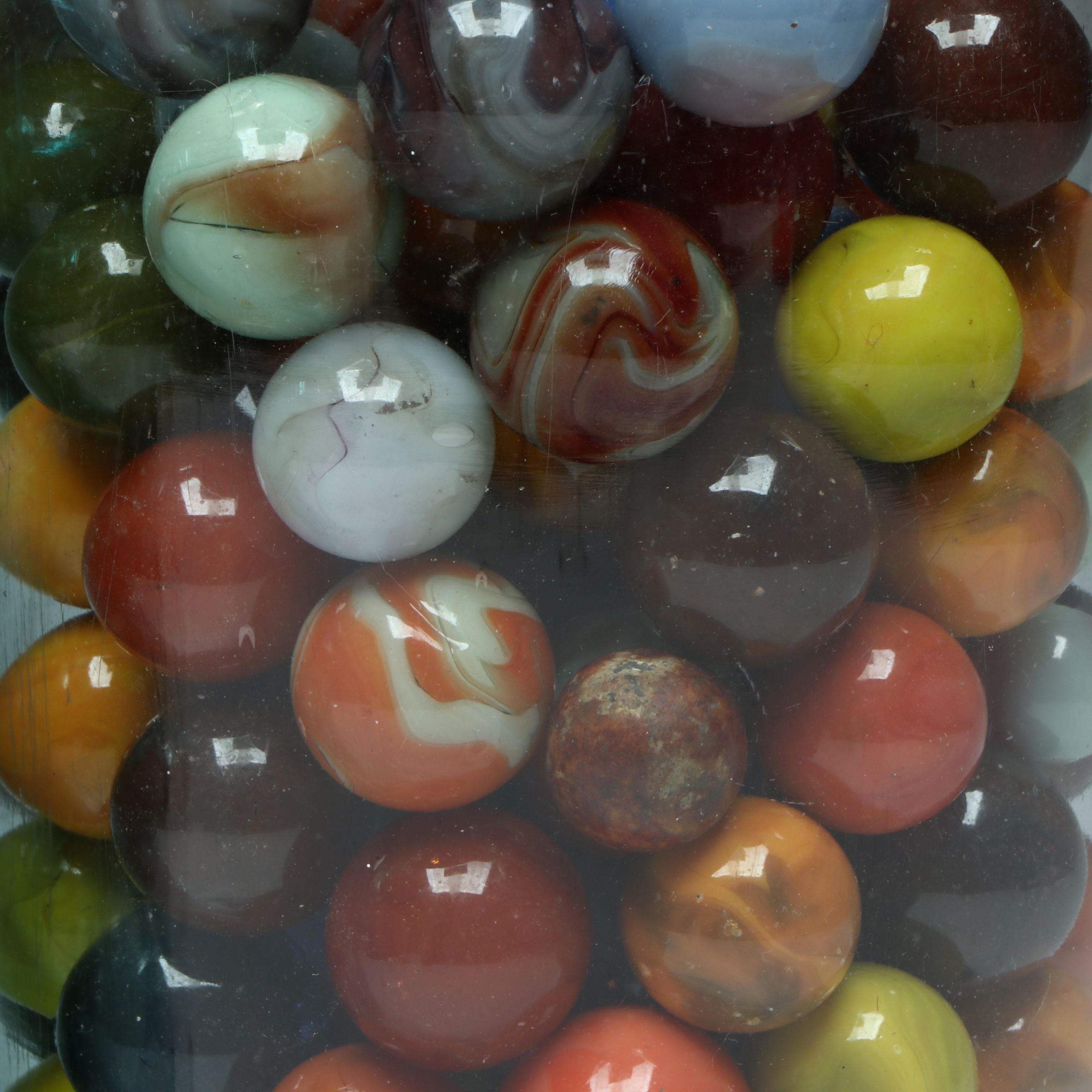 Uranium Glass, Clearies, Swirlies, Agate and More Glass Marbles in Canning Jars