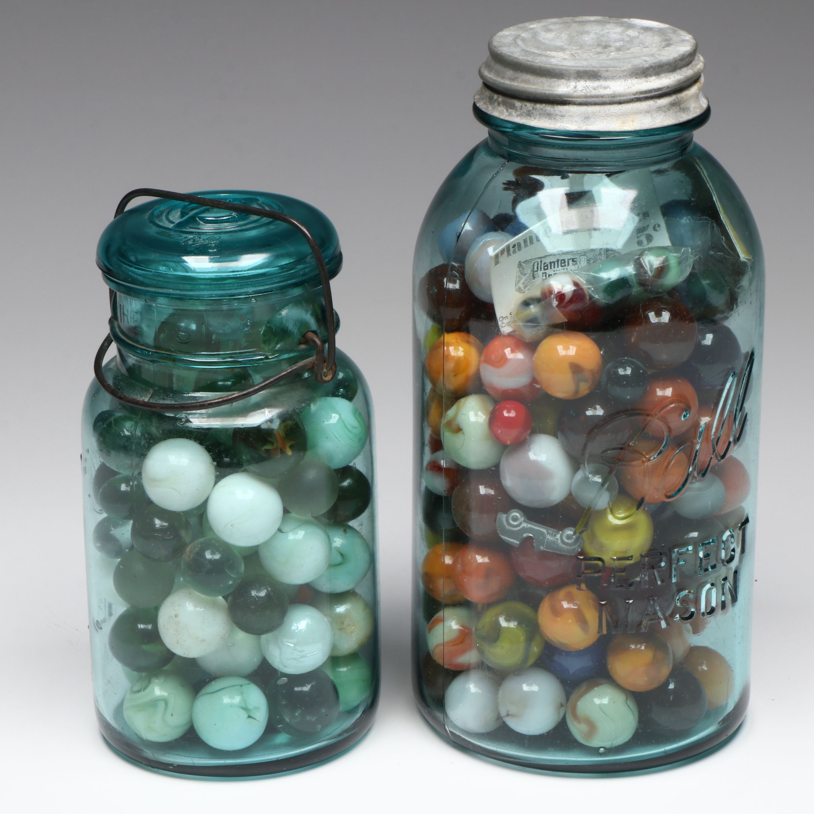 Uranium Glass, Clearies, Swirlies, Agate and More Glass Marbles in Canning Jars