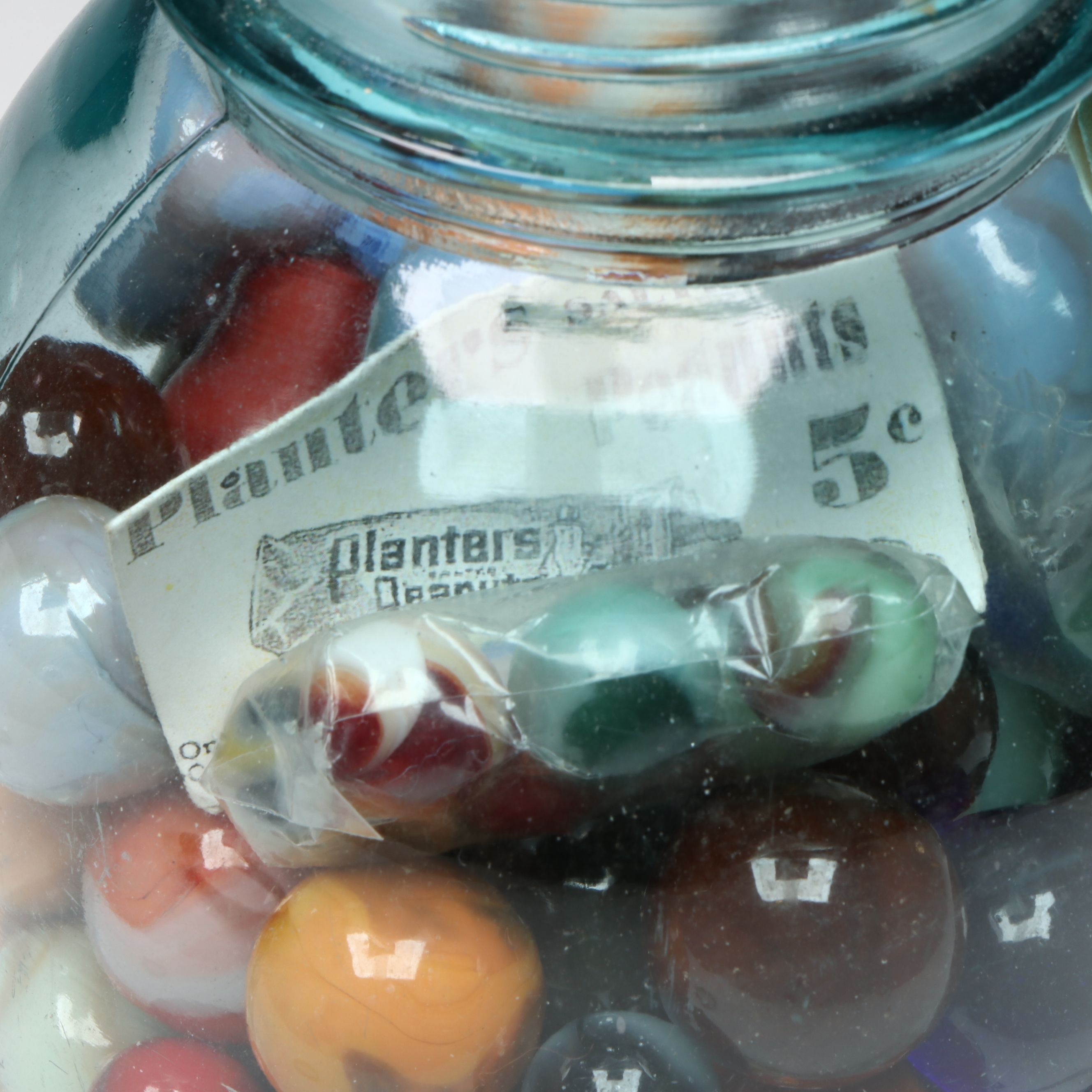 Uranium Glass, Clearies, Swirlies, Agate and More Glass Marbles in Canning Jars