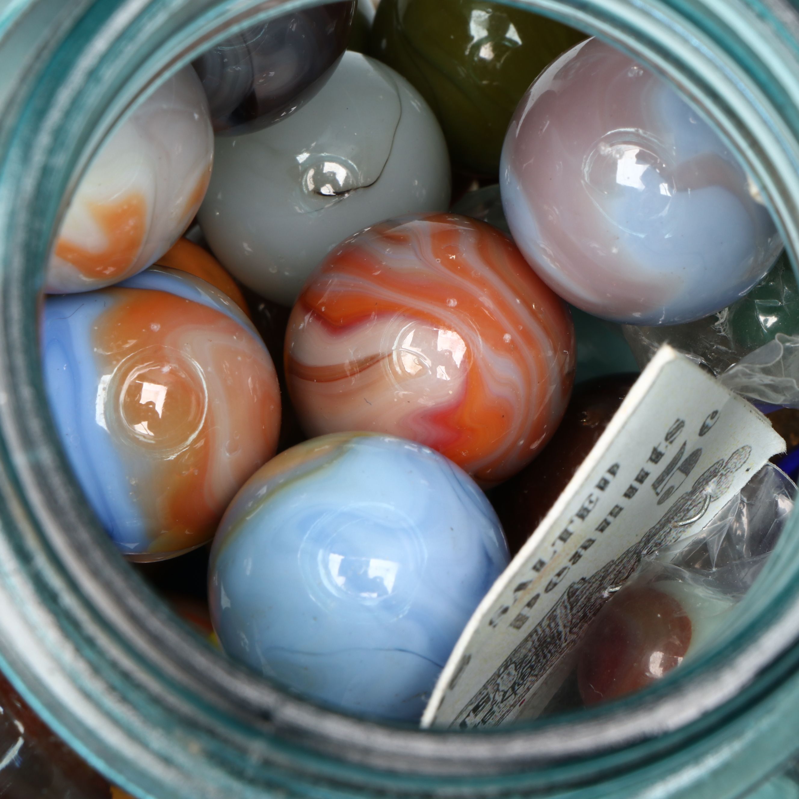 Uranium Glass, Clearies, Swirlies, Agate and More Glass Marbles in Canning Jars
