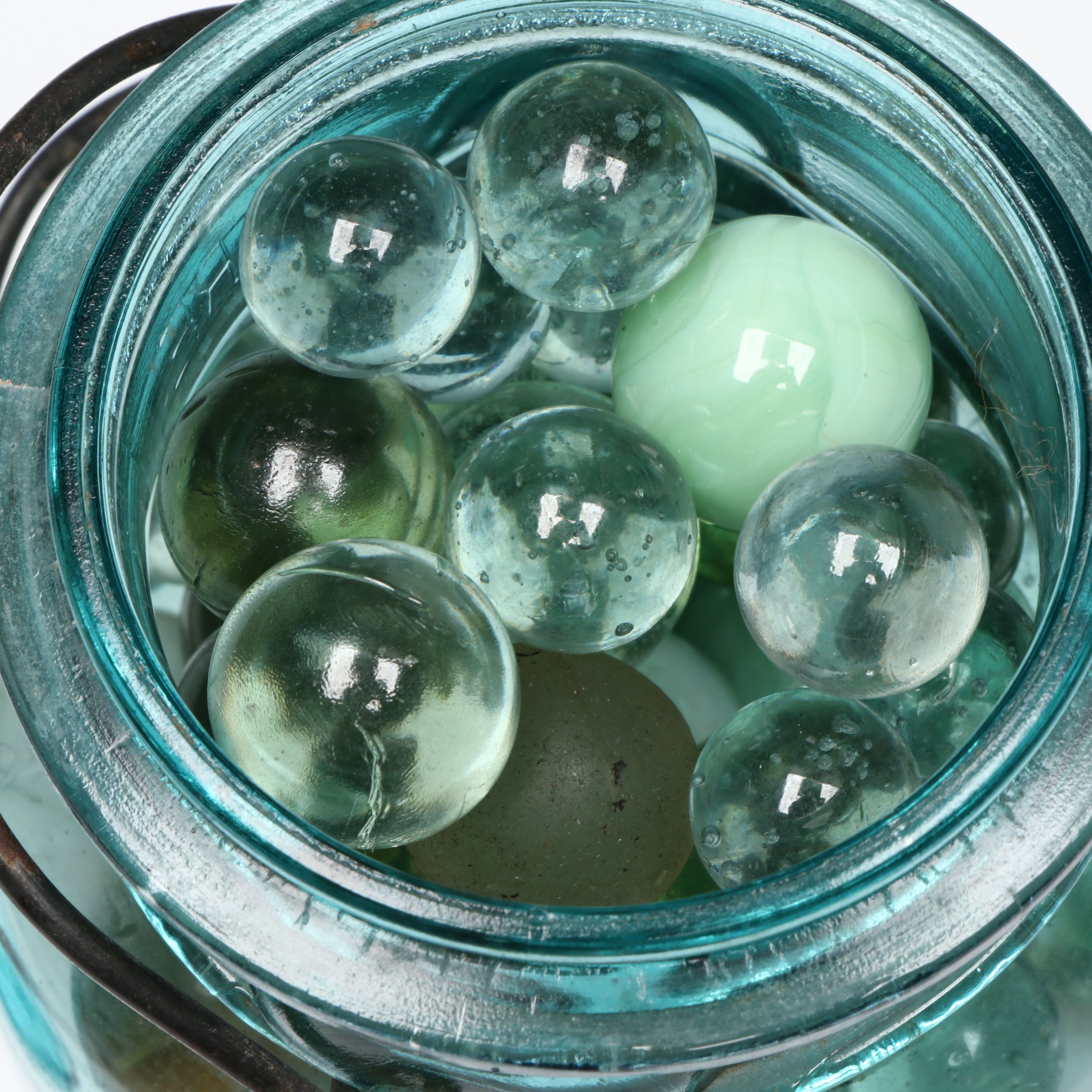 Uranium Glass, Clearies, Swirlies, Agate and More Glass Marbles in Canning Jars