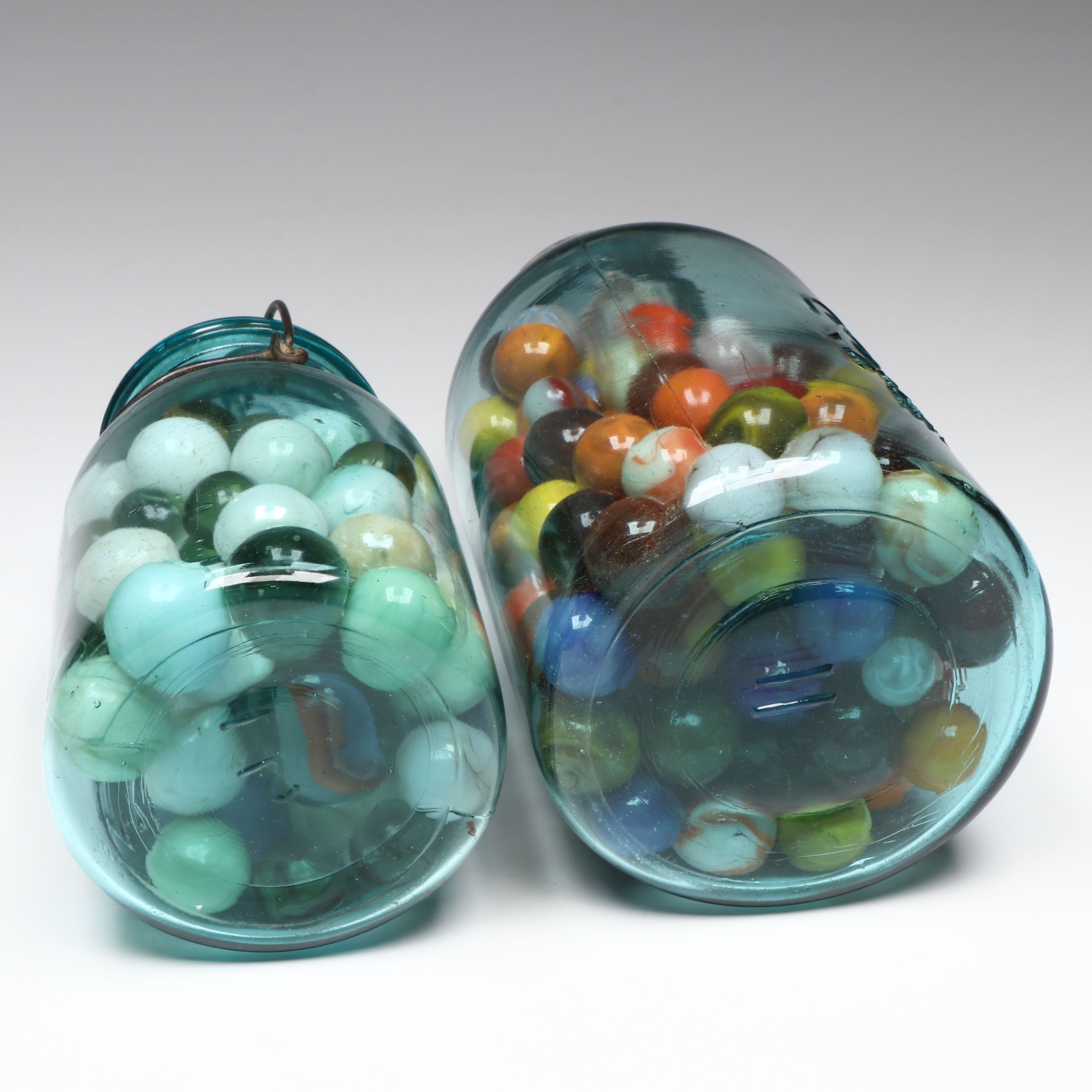 Uranium Glass, Clearies, Swirlies, Agate and More Glass Marbles in Canning Jars