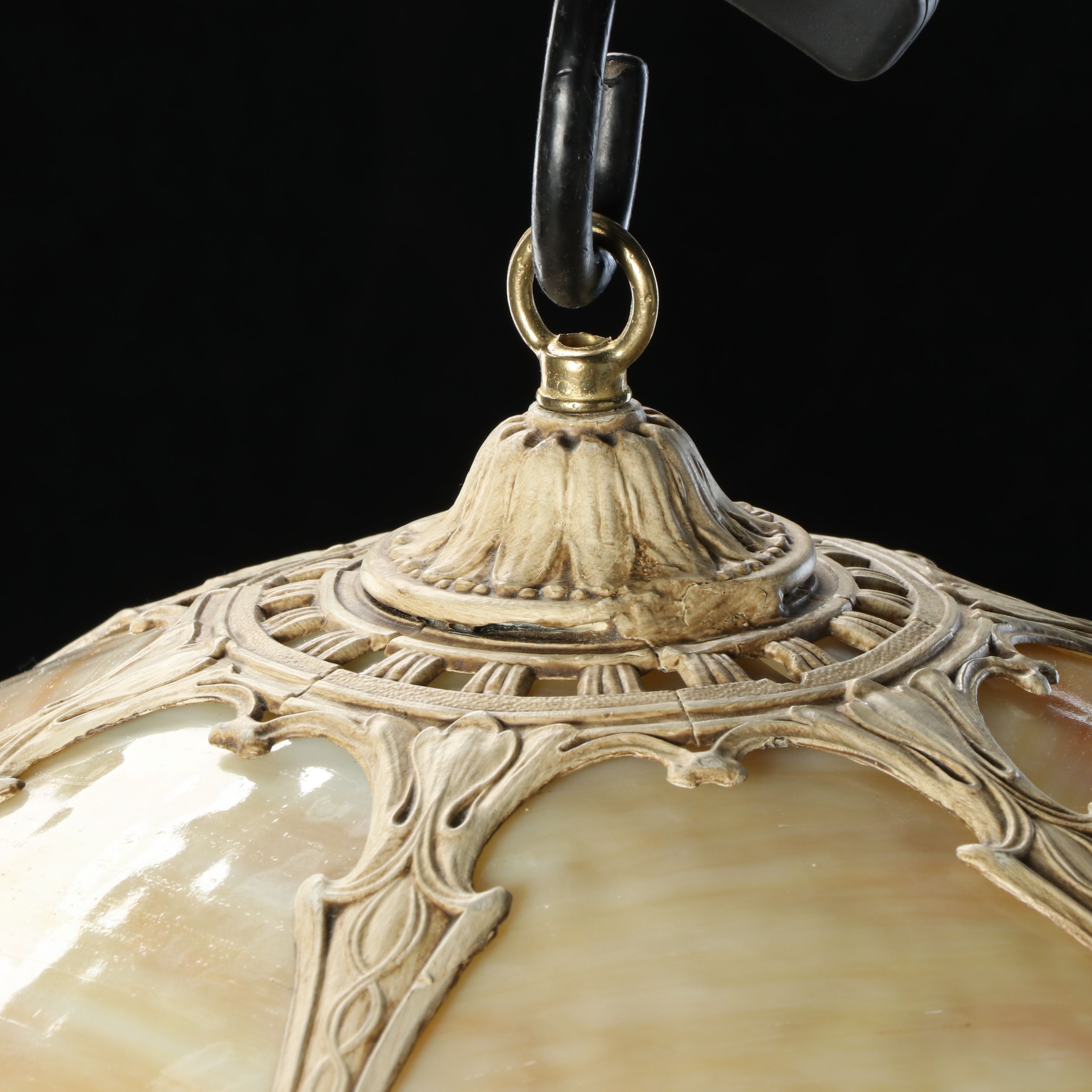 Art Nouveau Cream-Painted Bent Panel Slag Glass Pendant