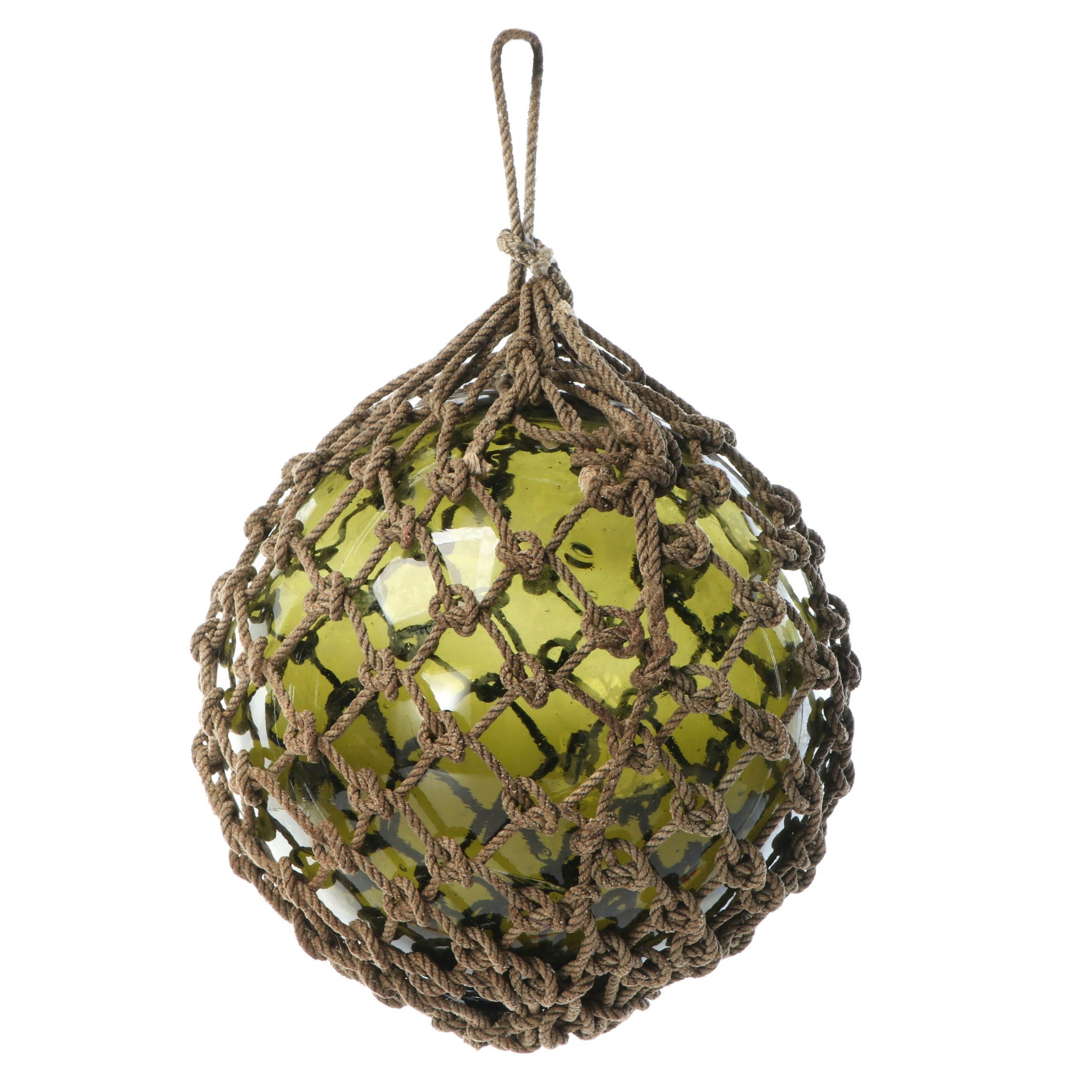 Green Glass Fishing Float with Rope Netting