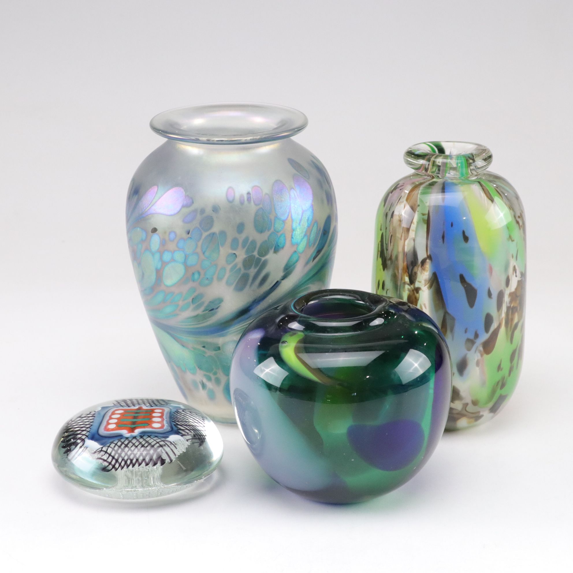 "Brian Maytum" Iridescent Glazed Urn Vase with Studio Art Vases and Paperweight