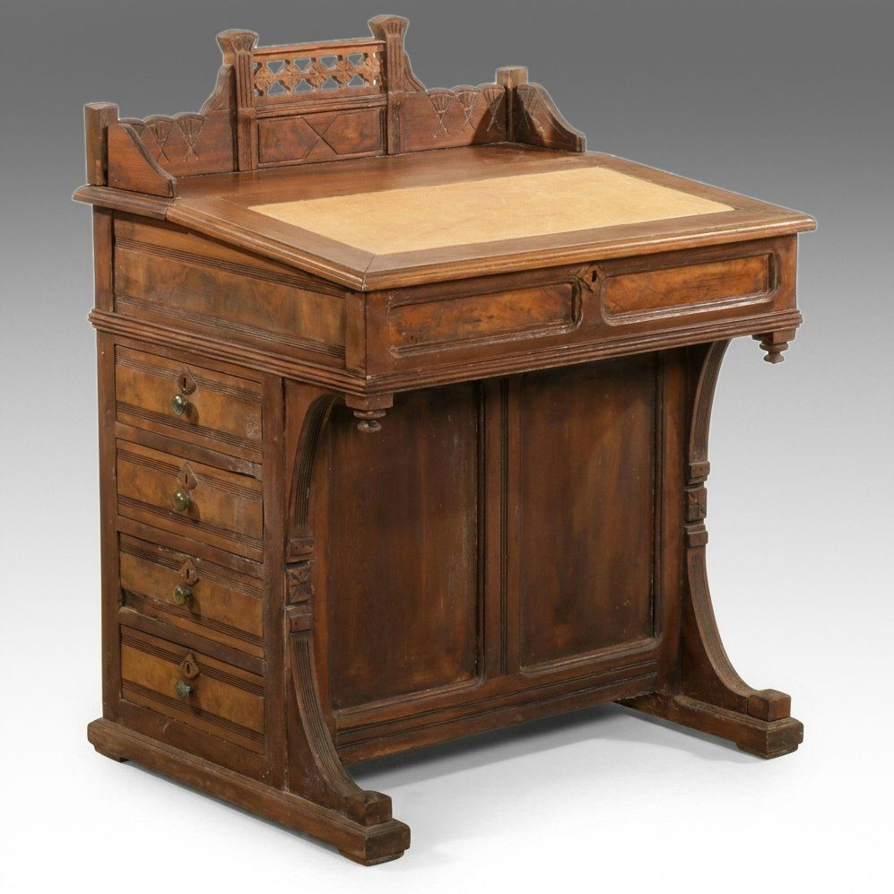 Primitive Eastlake Carved Walnut Davenport Desk, Late 19th Century