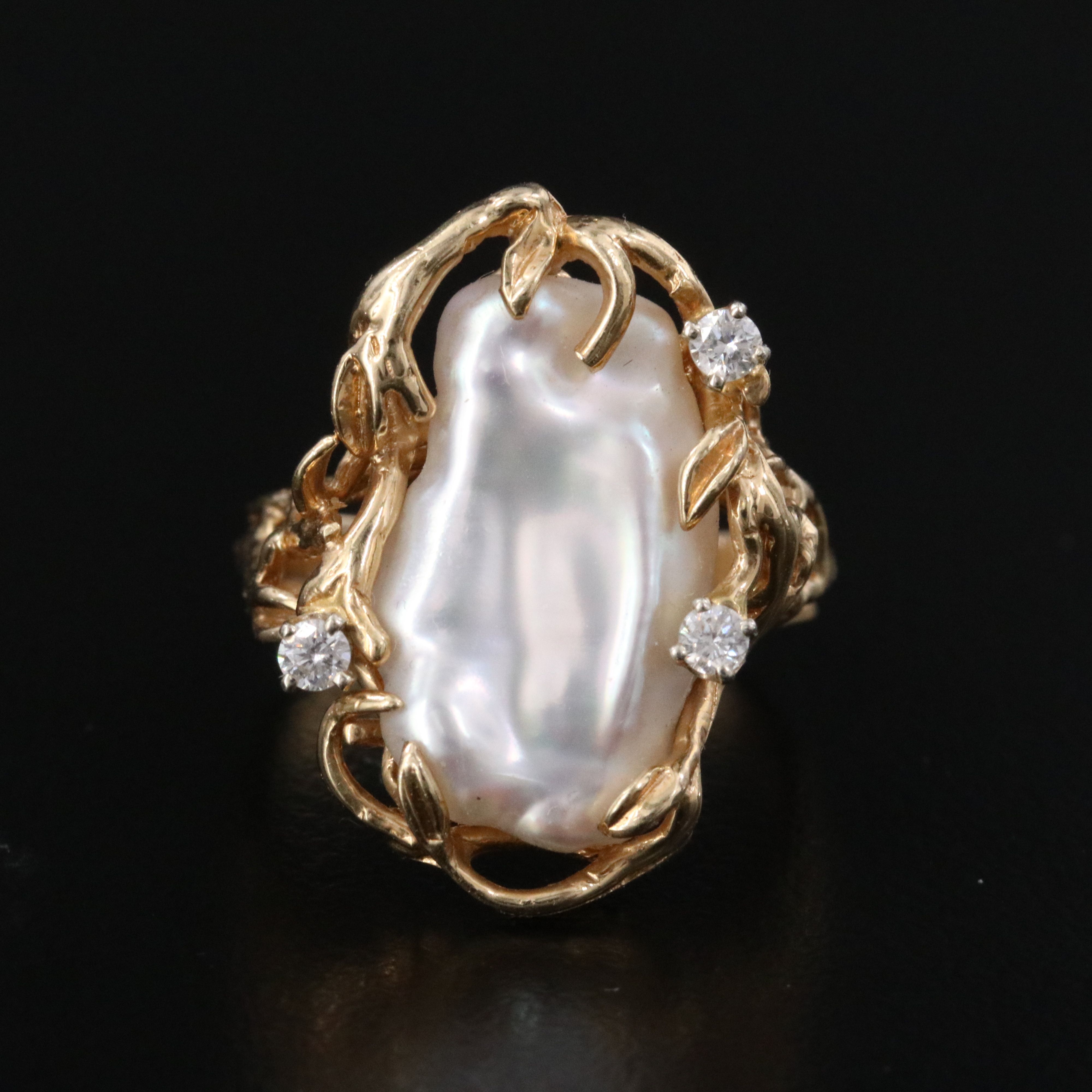 Brutalist 14K Pearl and Diamond Ring