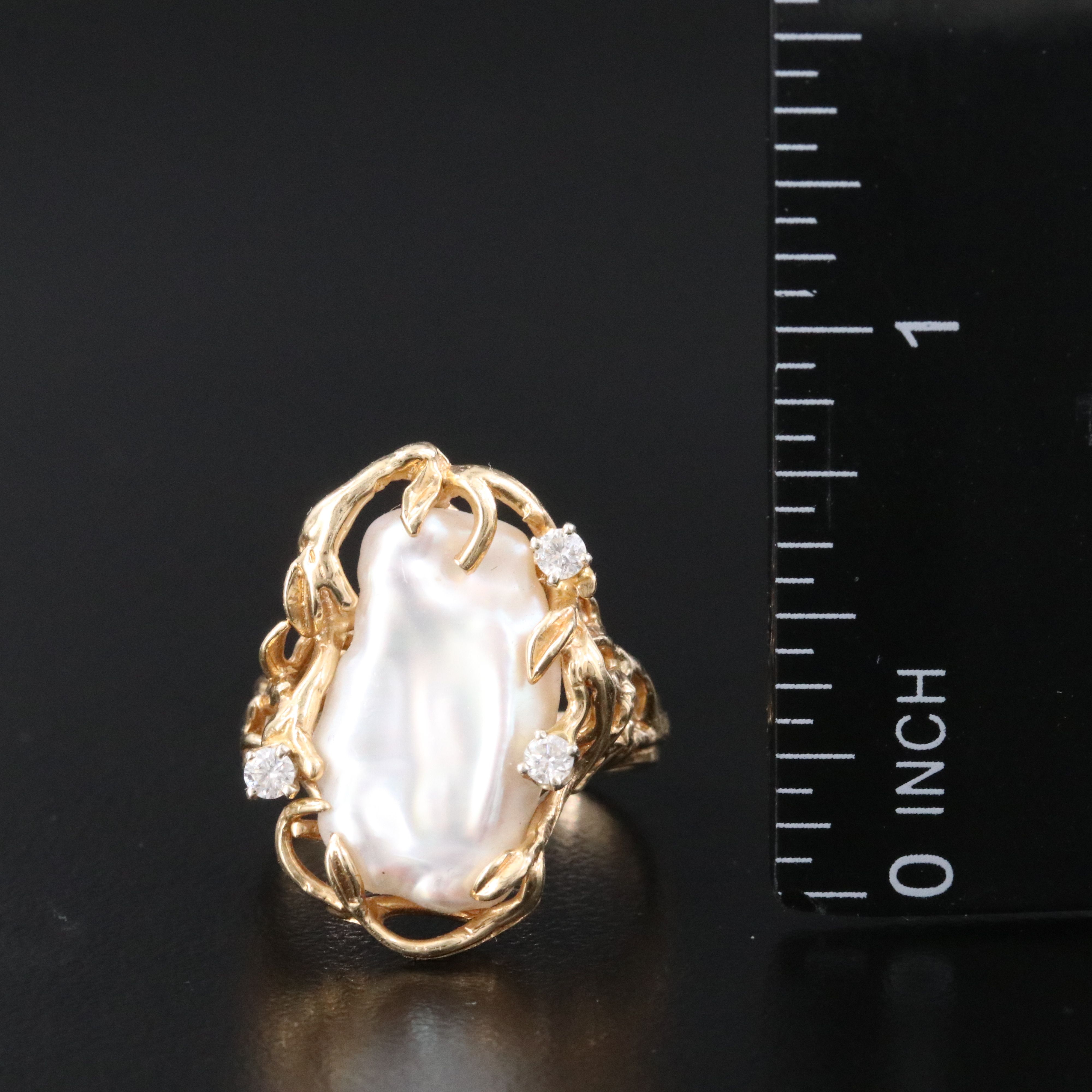 Brutalist 14K Pearl and Diamond Ring