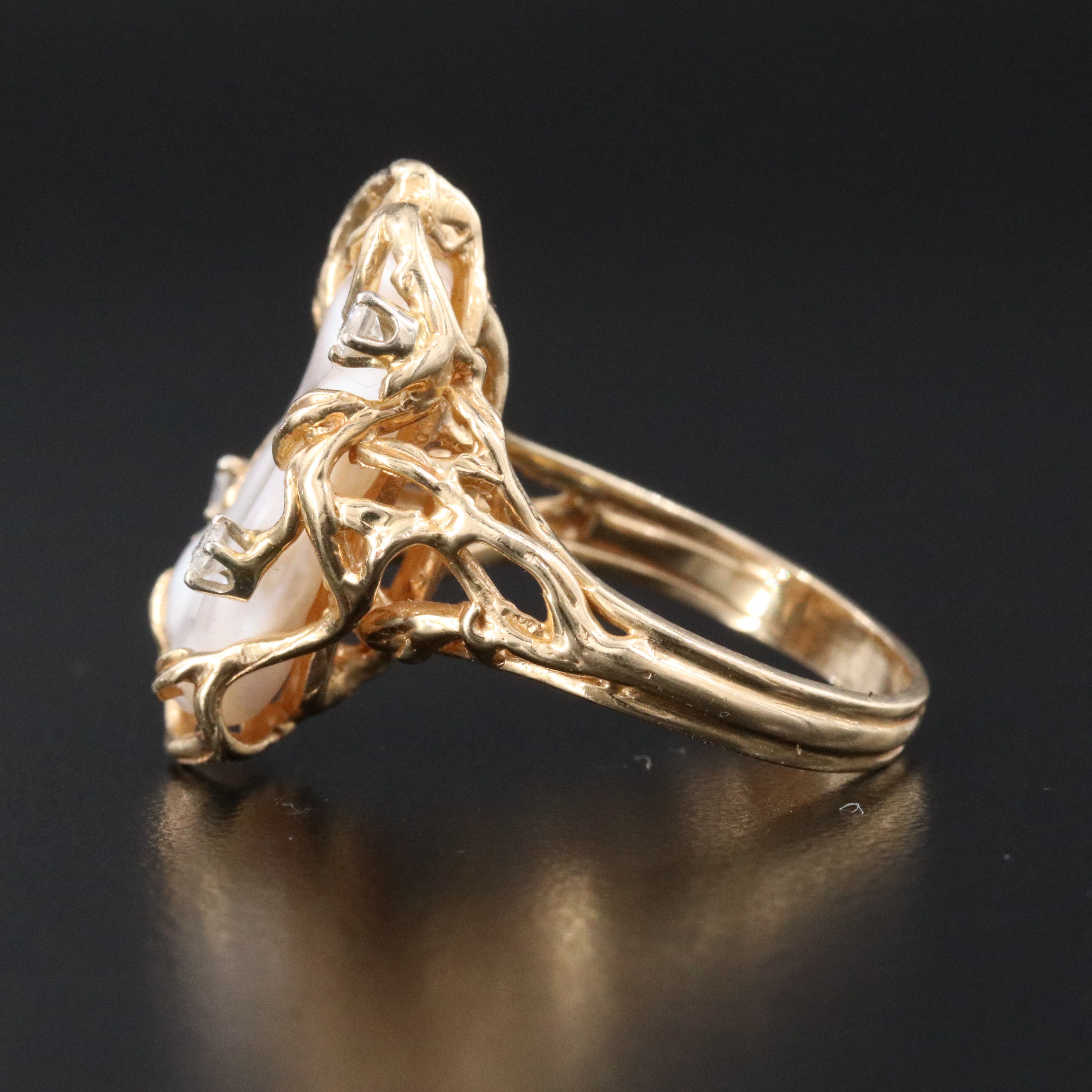 Brutalist 14K Pearl and Diamond Ring