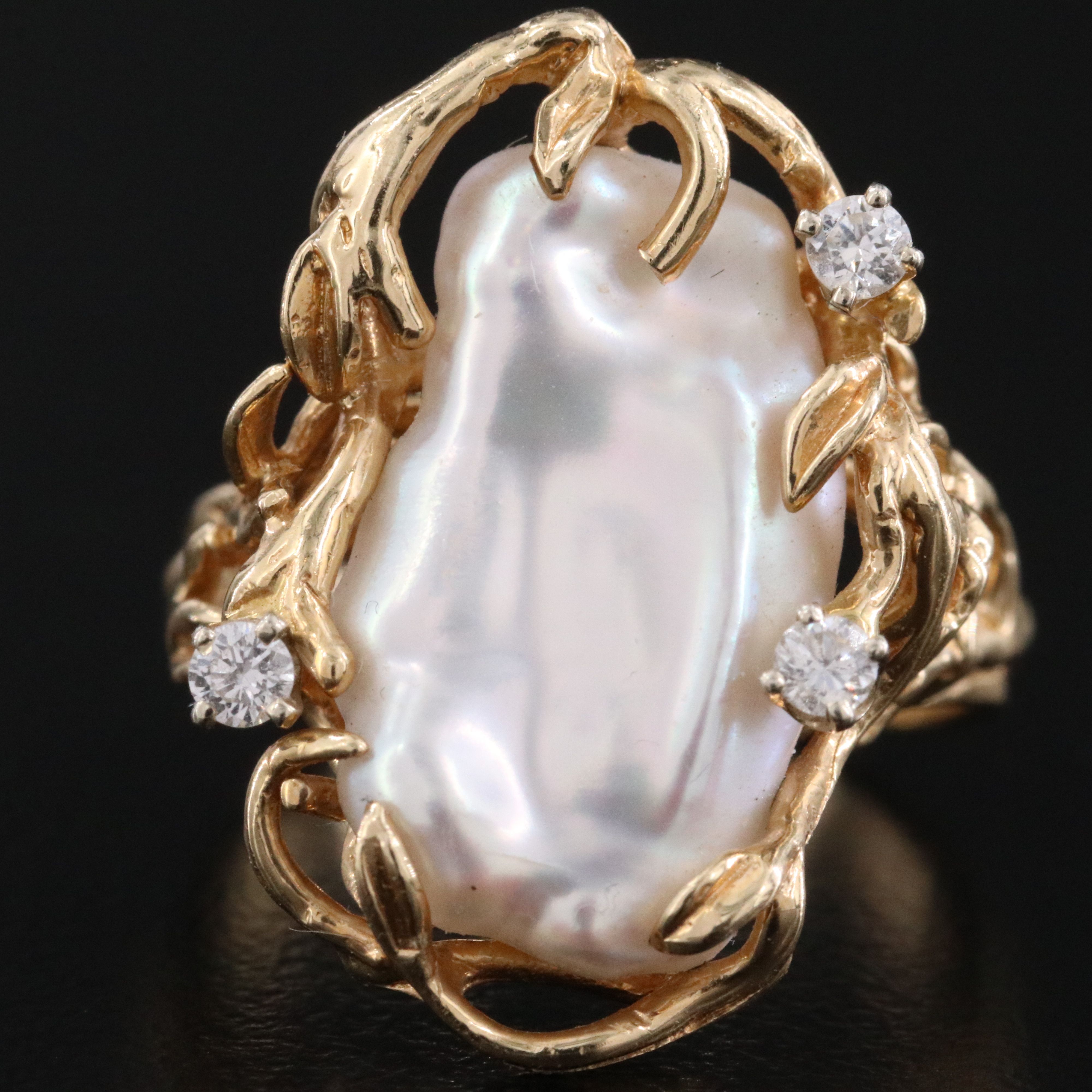 Brutalist 14K Pearl and Diamond Ring