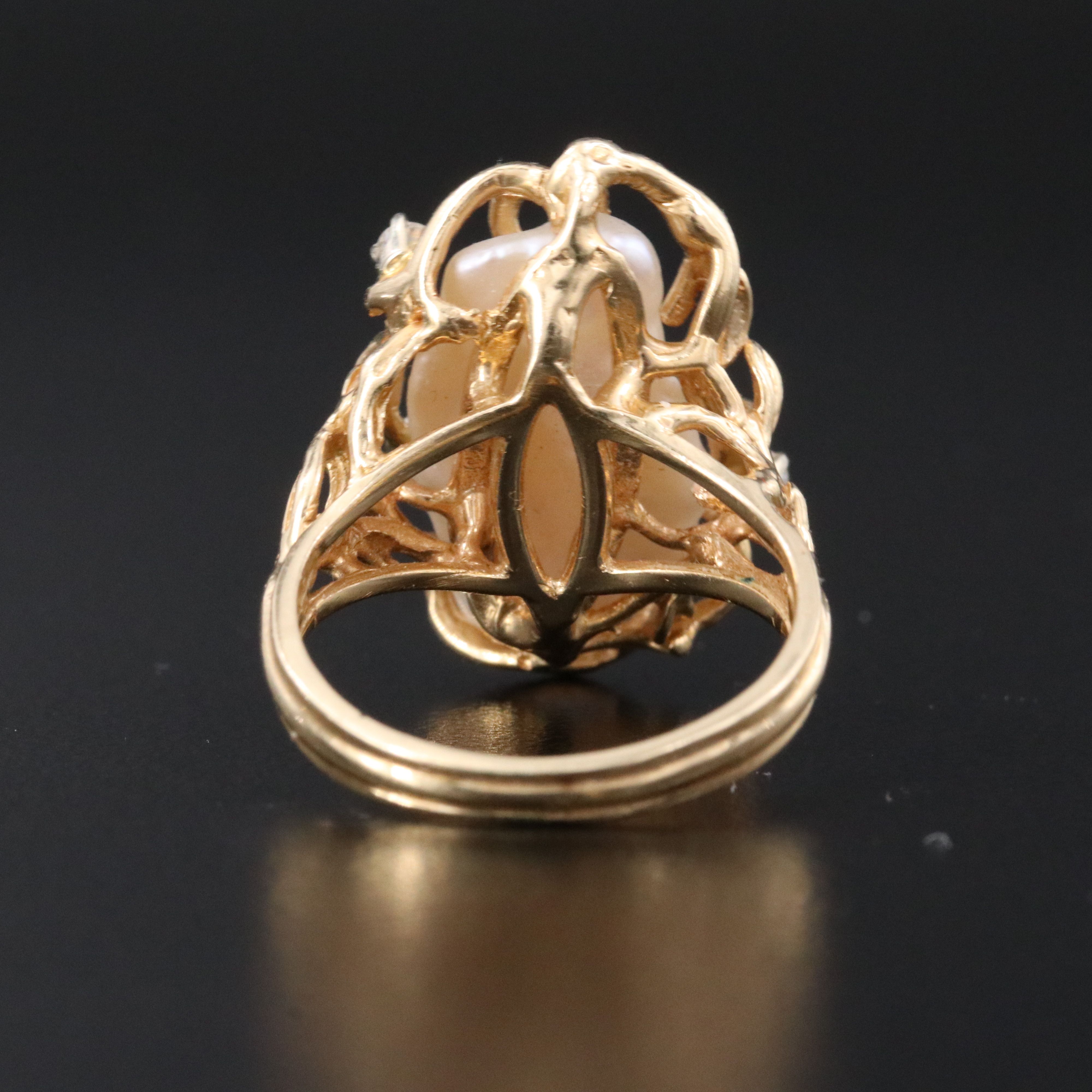 Brutalist 14K Pearl and Diamond Ring
