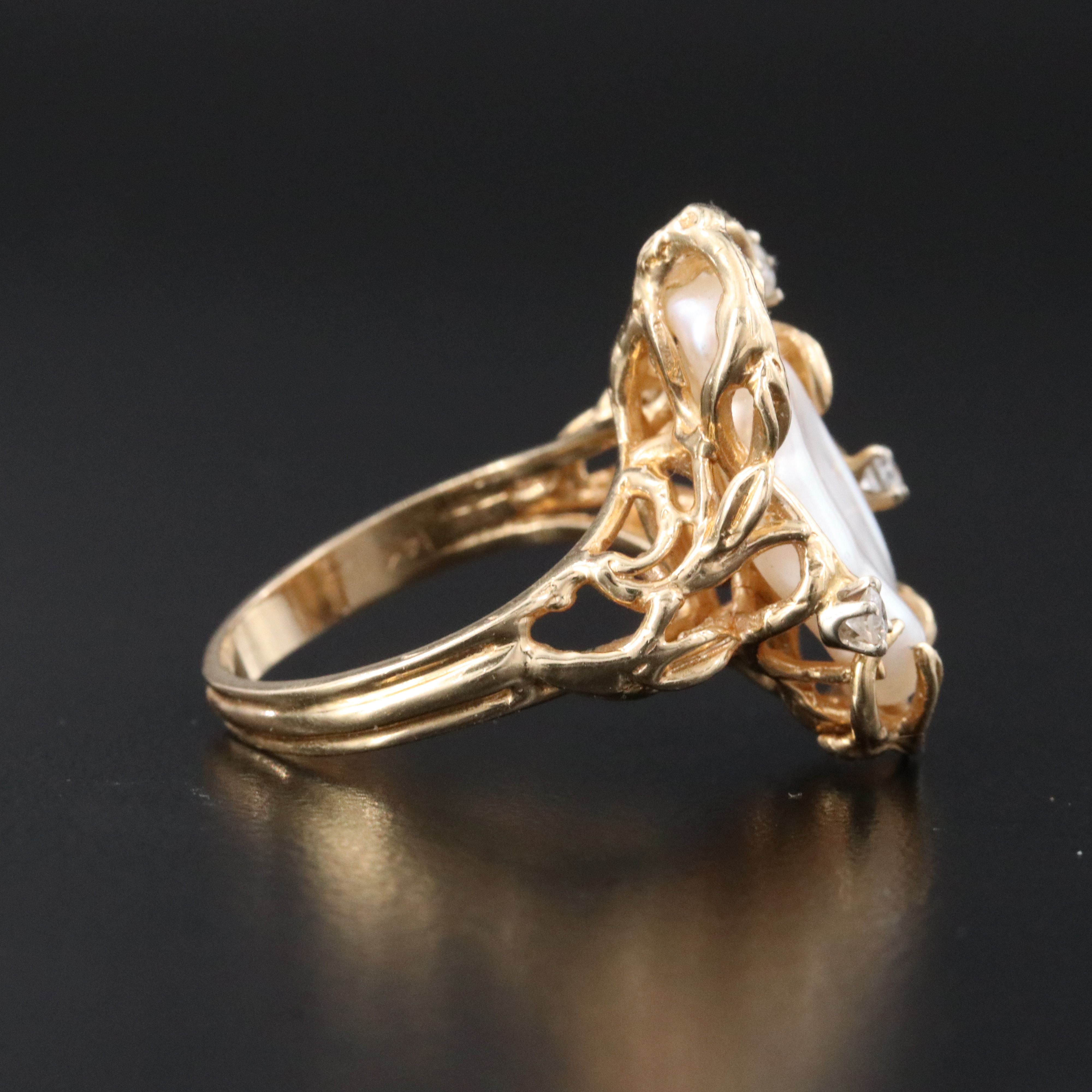 Brutalist 14K Pearl and Diamond Ring