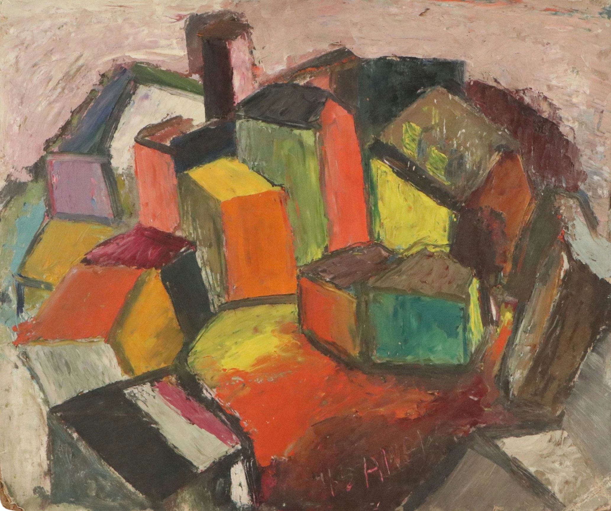 Howard L. Apley Cubist Style Oil Painting, 1945