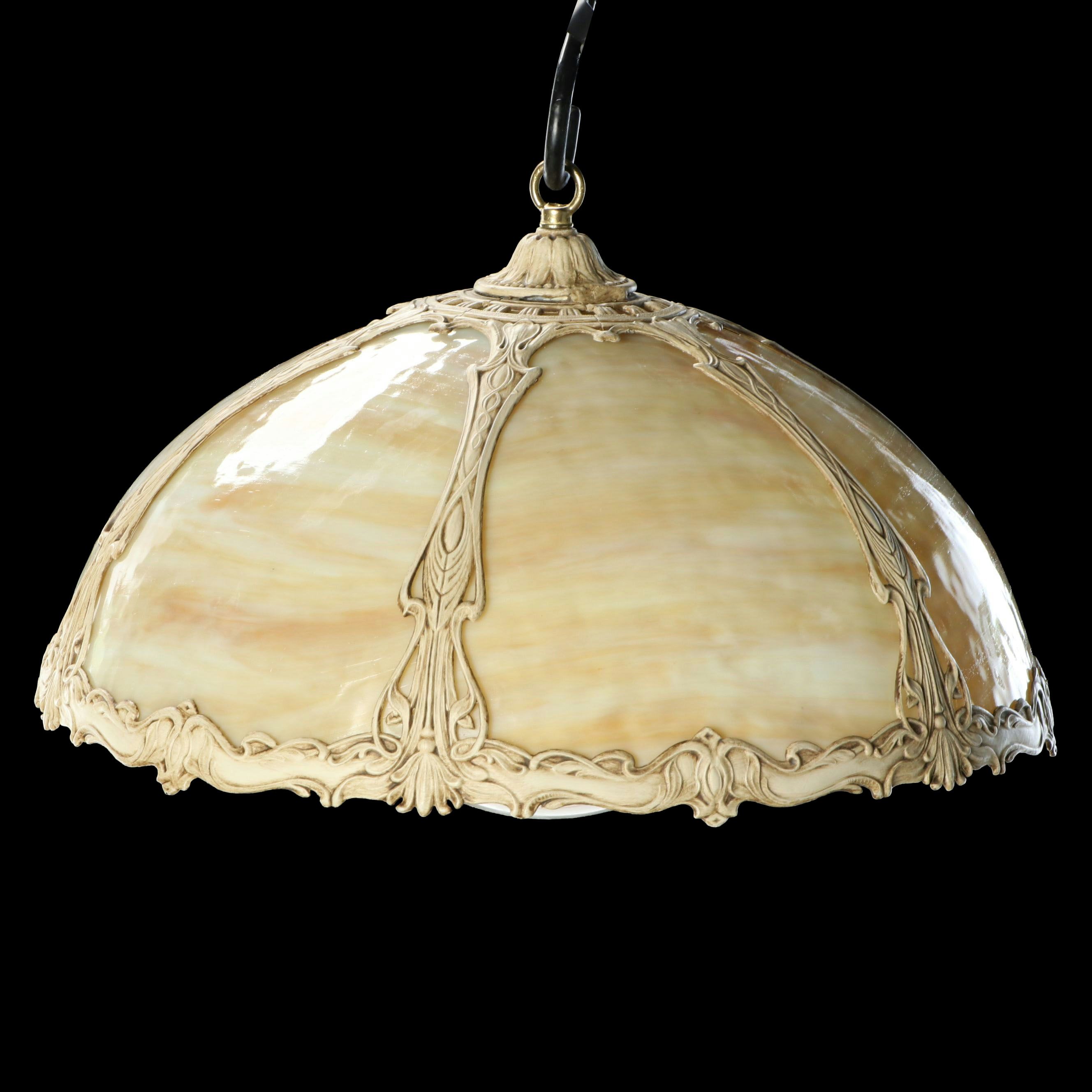 Art Nouveau Cream-Painted Bent Panel Slag Glass Pendant